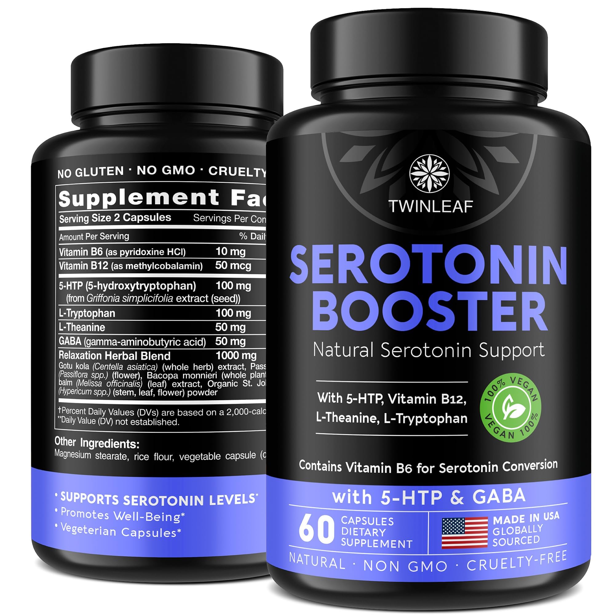 Natural Serotonin Supplement - Made in USA Manganese Serotonin & Cortisol Manager - Serotonin Booster Vitamin Supplement for Women with 5-HTP Vitamin B6 B12 GABA L Theanine L Tryptophan - 60 Capsules