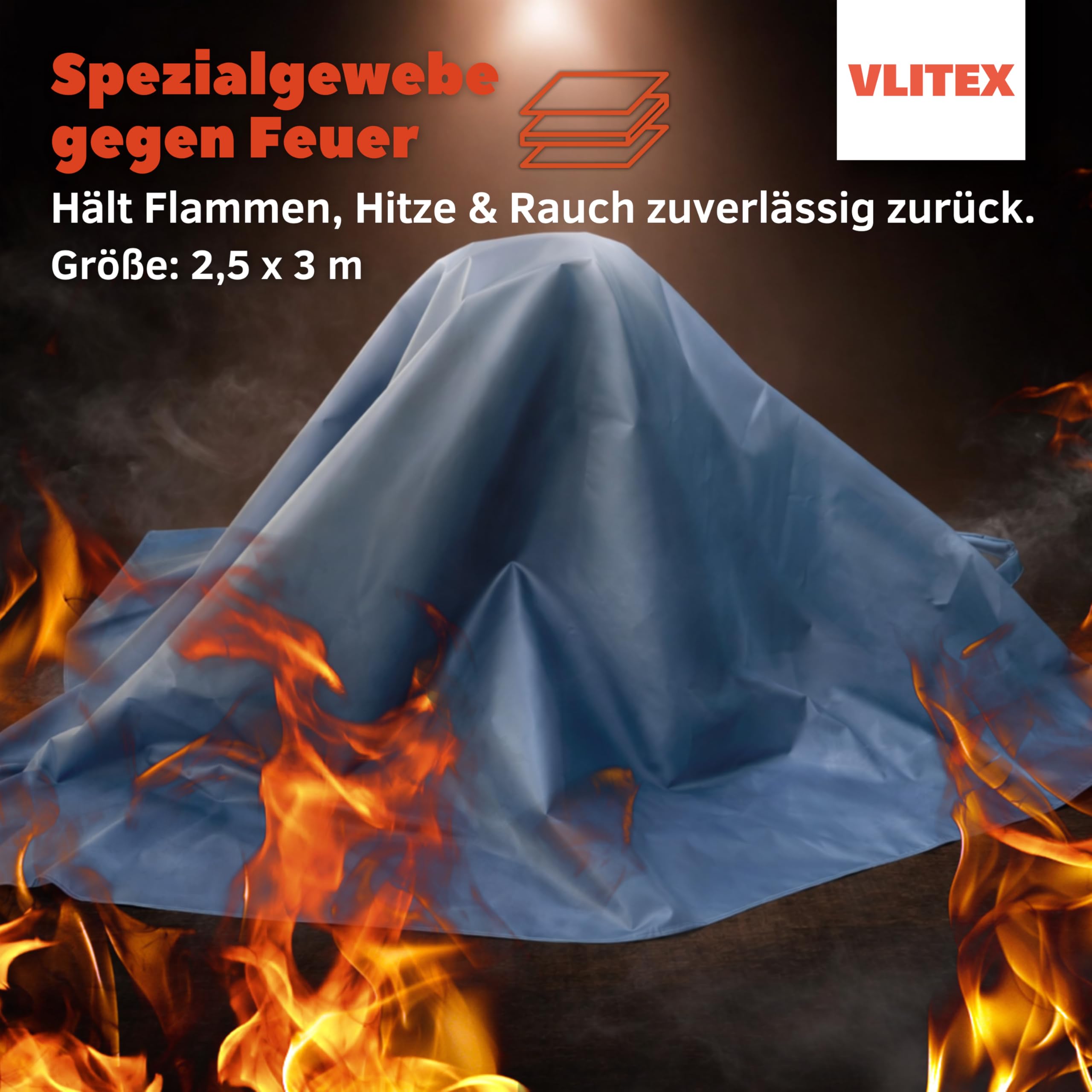 VLITEX Große Löschdecke 2,5 x 3 m | Brandschutzdecke für Lithium Akkus, Batteriespeicher, Elektrobrände | Branddecke für E-Scooter, E-Board, Laubsauger etc. | Profi Feuerlöscher Decke