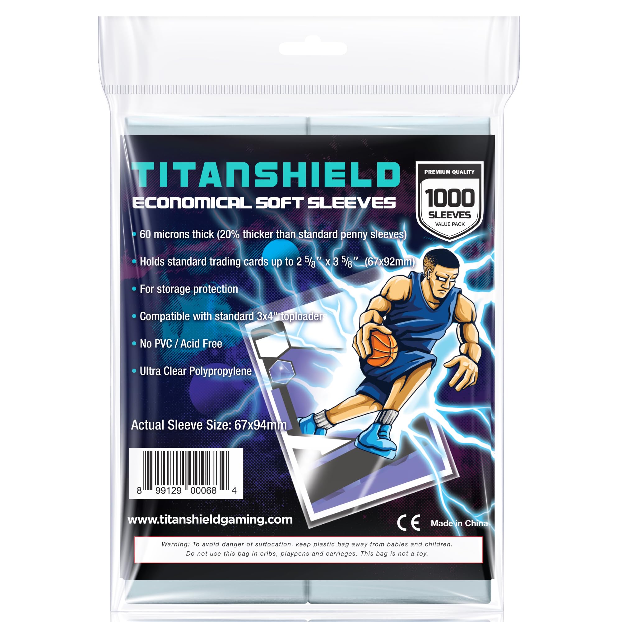 TitanShield 1000 Count 60-Microns Thickness Soft Penny Card Sleeves 2-5/8” x 3-5/8” (67x94mm), Ultra Clear (1000 Count)