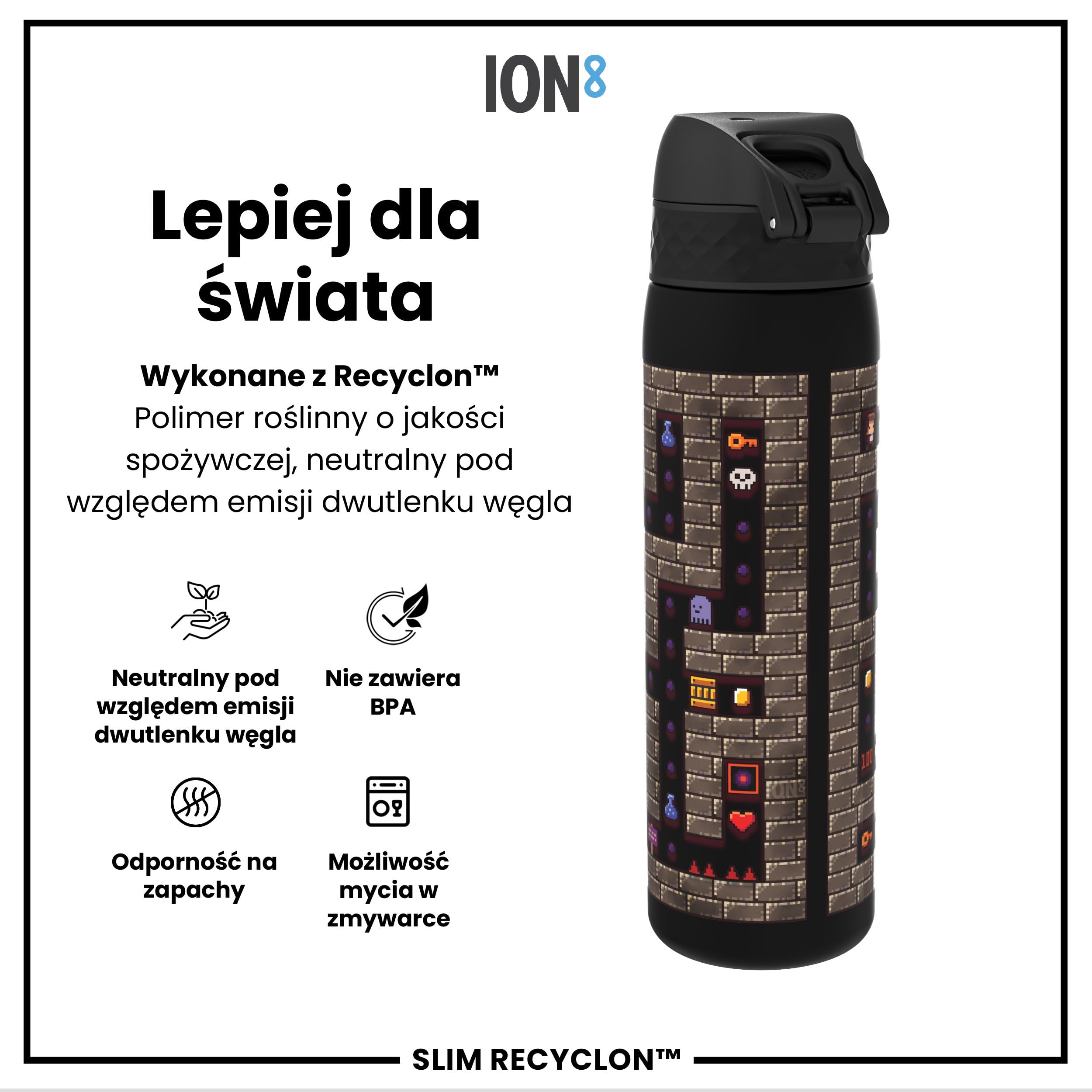 ION8 Butelka na Wodę, 500 ml/18 oz, Szczelna, Łatwe Otwieranie, Bezpieczny Zamek, Można Myć w Zmywarce, Bez BPA, Higieniczne Pokrycie, Uchwyt do Przenoszenia, Łatwa Czyszczenie, Bezwonny, Motyw Gracz
