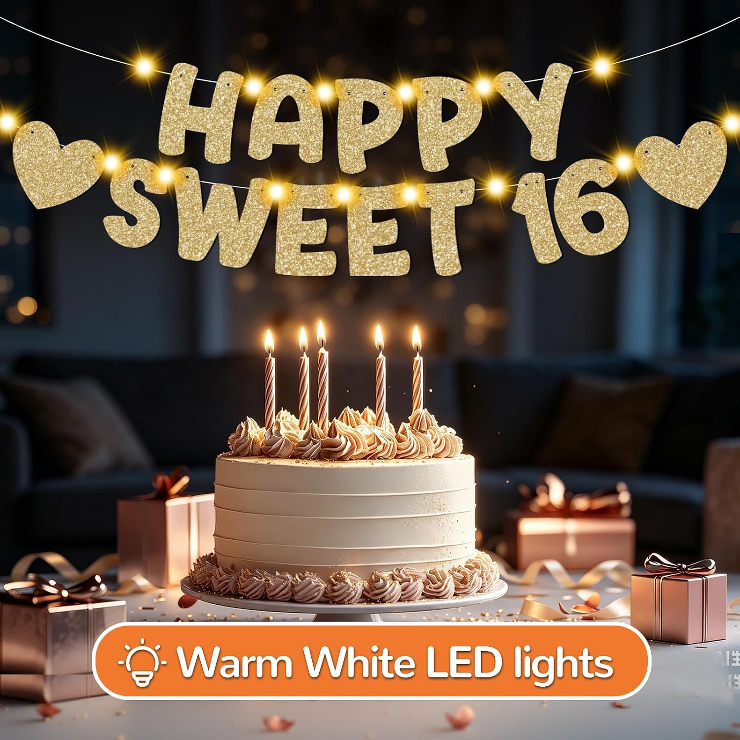 Happy Sweet 16th Birthday Party Decorations for Girls, Pre-Strung Champagne Gold HAPPY SWEET 16 Banner with 2pcs Warm White LED Lights, Funny 16 Years Old Bday Party Supplies Sign