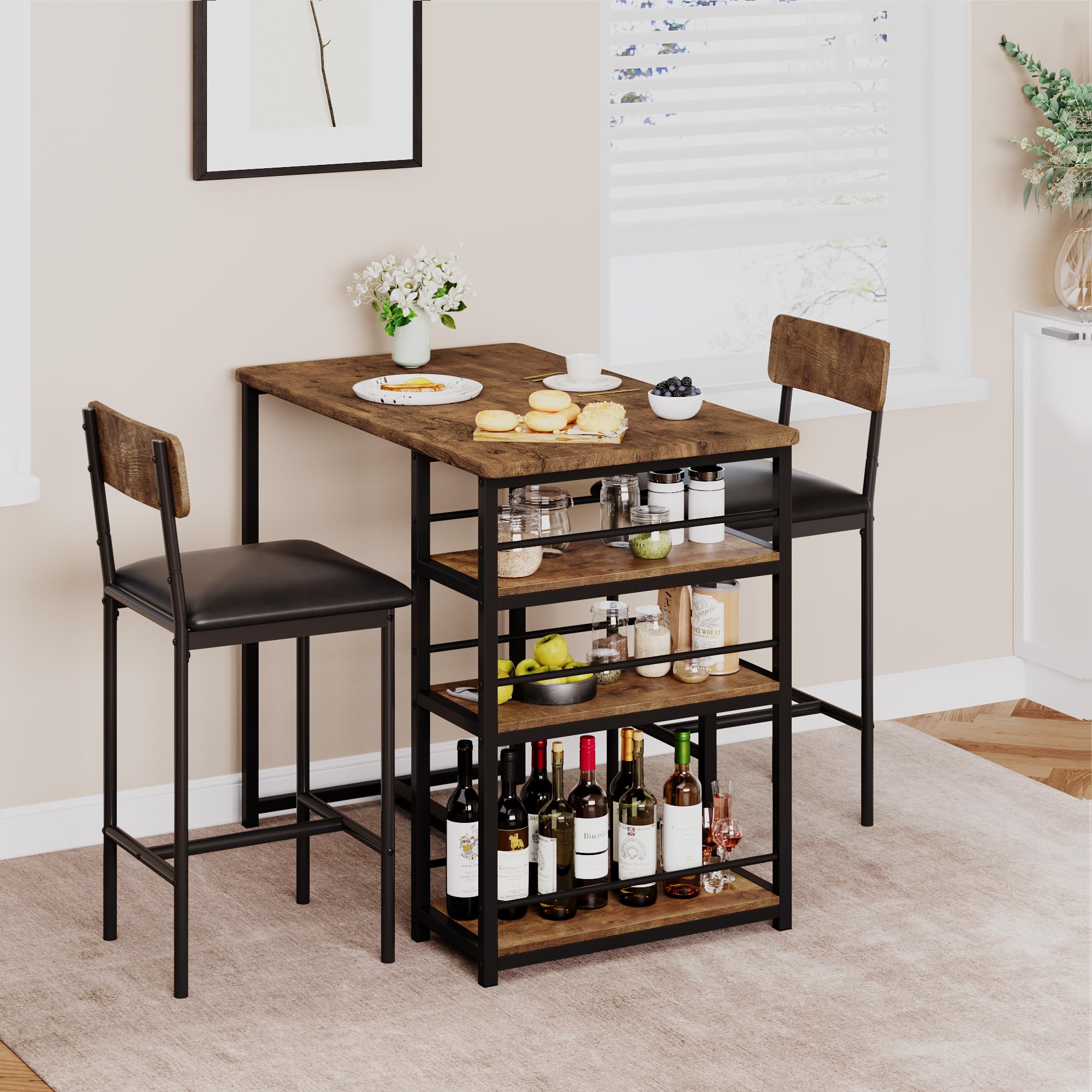 Space-Saving 3-Piece Dining Table Set – Bar Table and 2 Upholstered Chairs with Cushions, 3 Storage Shelves, Modern Furniture for Small Apartments, Breakfast Nooks, Bistro, Grey and Gold White