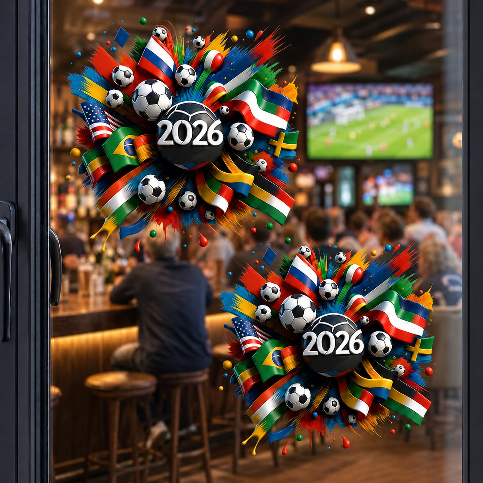 2PCS World Cup Football Window Stickers, Football Party Decorations for Home Office Bar, Removable Reusable PVC Static Clings, 30 x 30 cm, Match Day Decor 2026