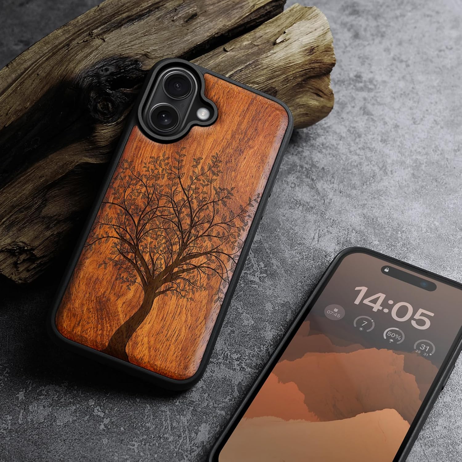 Carveit Magnetic Wooden Case for iPhone 16 Case, Wood Artisan Engraved & Black Soft TPU Shockproof Cover, Compatible with MagSafe Wireless Chargers (Leafy Tree) Rosy
