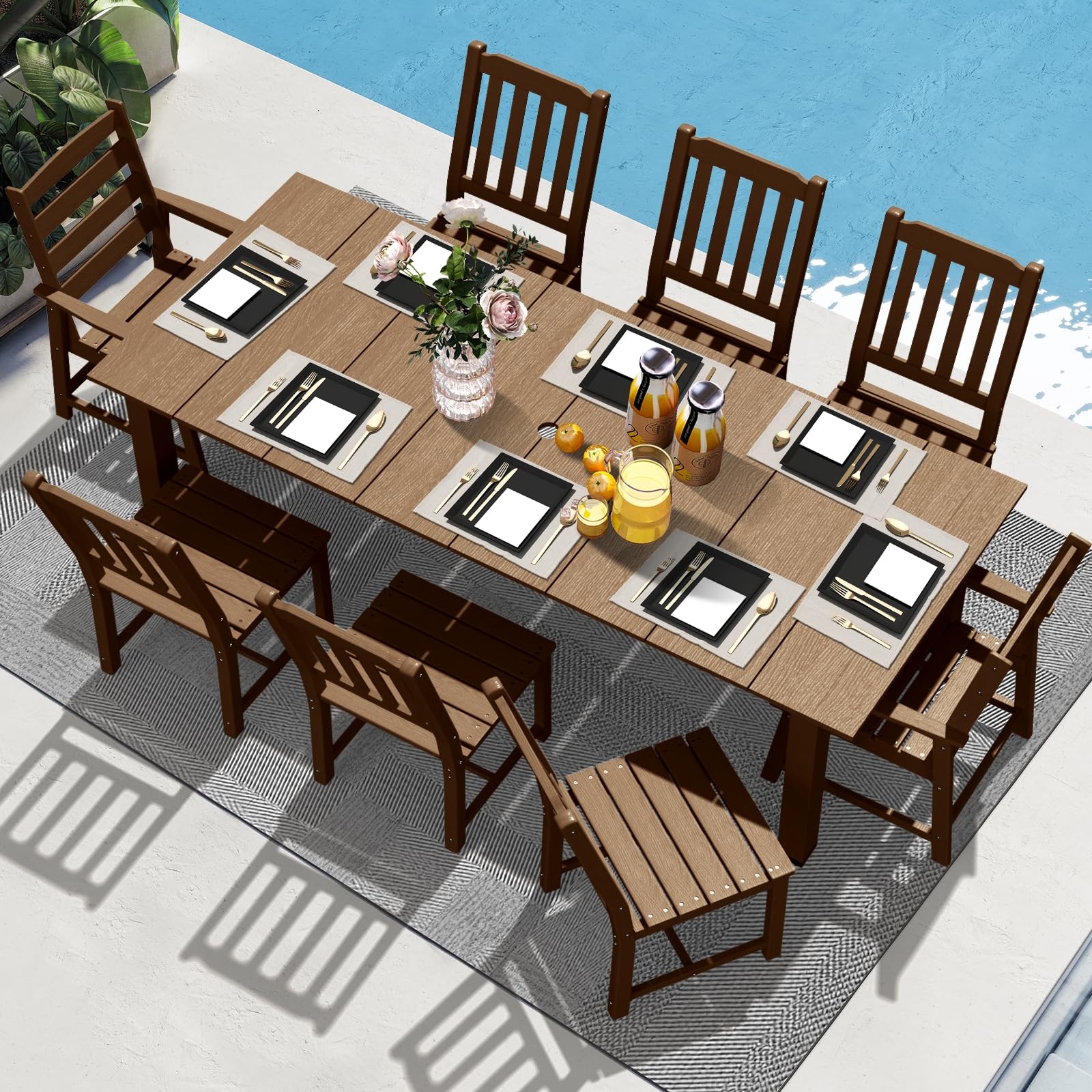 LOUNZY 9 Pieces Patio Dining Sets, Outdoor HDPE Furniture Set for 8 w/ 2" Hole Cut-Out Dining Table with 8 Patio Chairs(2 W/Armrest, 6 w/o Armrest),
