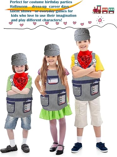 Miniatura 6 de Conjunto de disfraz de conductor de tren para niños, kit de disfraz de ingeniero con gorra, bandana, silbato para niños y niñas, Halloween, día de
