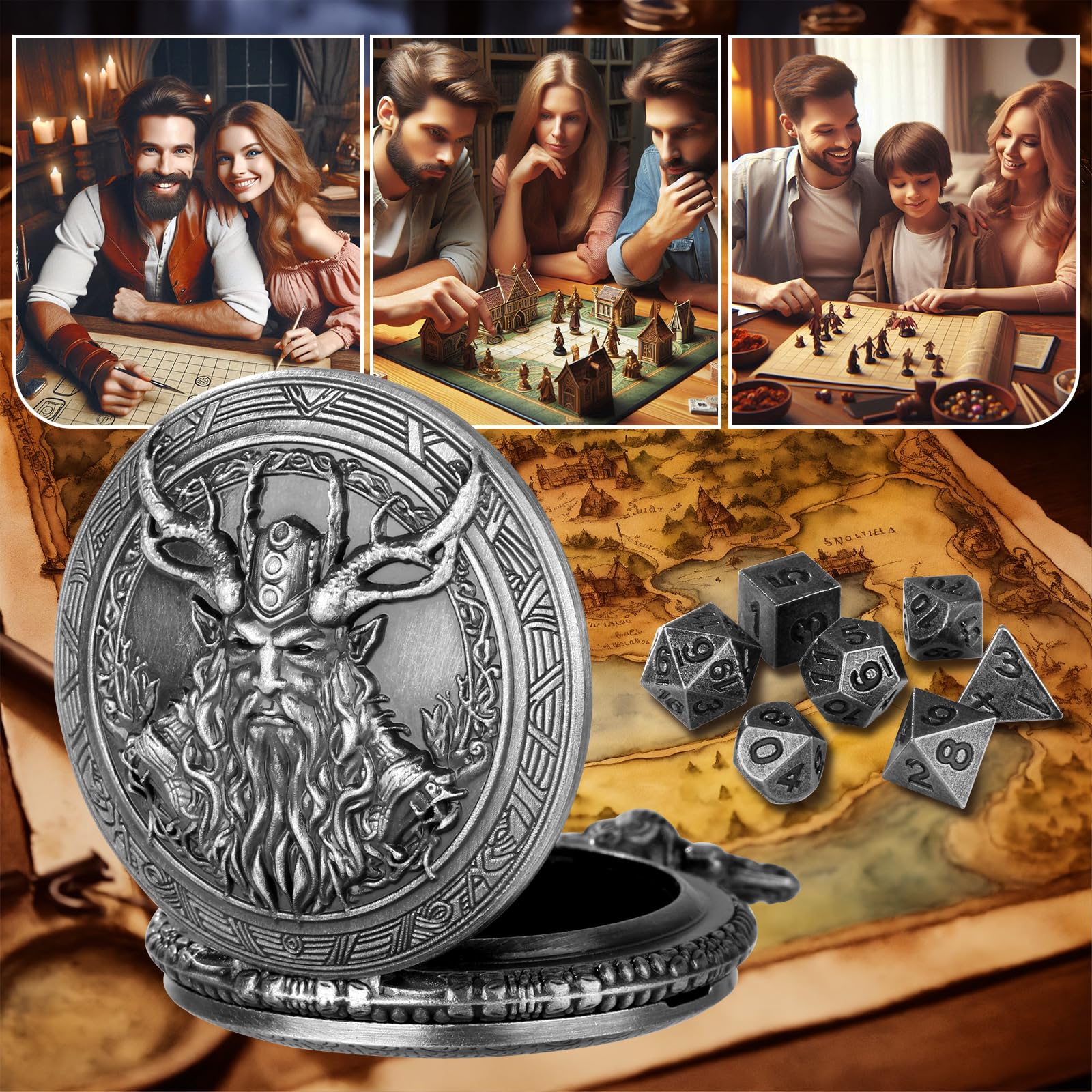Mini Dés Pour DND – Set De 7 Dés Polyédriques En Métal, Motif Pieuvre, Avec étui De Montre Et Sac De Rangement