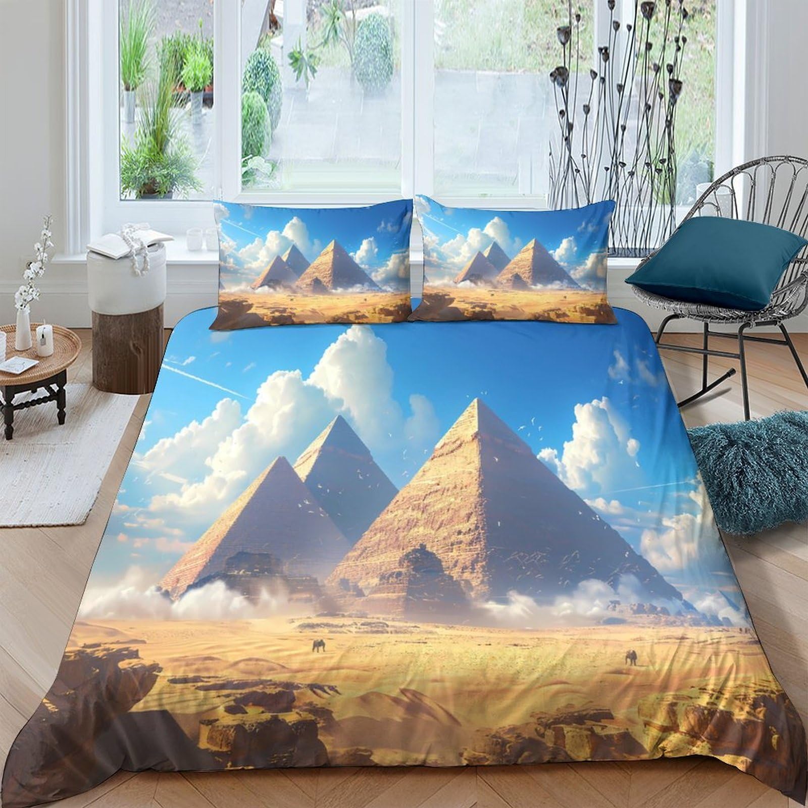GPLZQXKJNH 3D Printed Egypt Pyramid Landscape Duvet Cover Microfiber Soft Breathable Desert Bedding Set with 2 Pillowcases for Bedroom Decor Single（135x200cm）