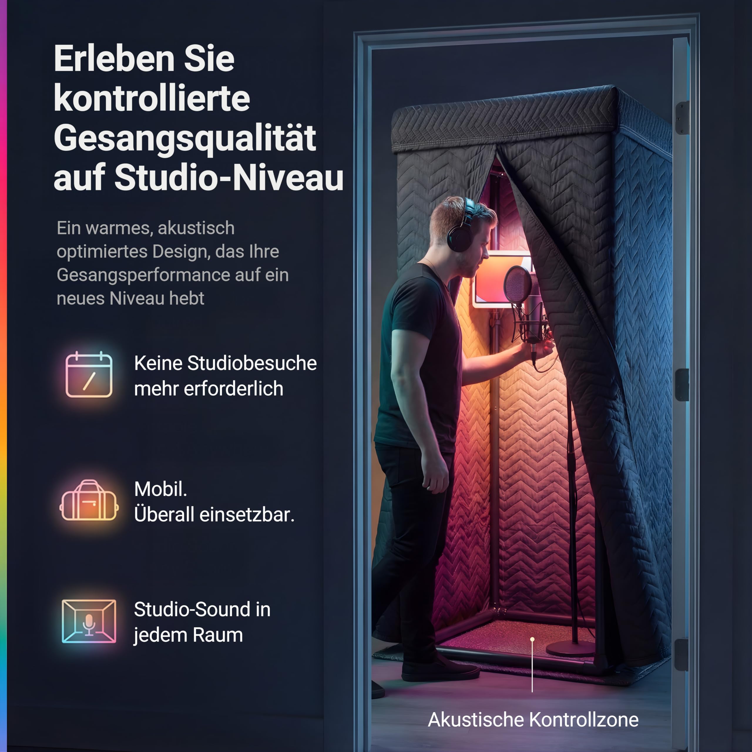 Snap Studio Vocal Booth – #1 empfohlene Studio-Soundkabine für die Aufnahme trockener, echofreier Gesang – 80% Reverb Reduktion & 360° Isolation – Cliphalterung, Lichter und Reisetasche im