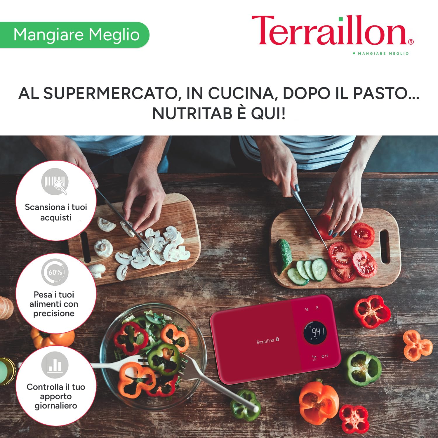 TERRAILLON - NUTRITAB - Bilancia da cucina con connessione Bluetooth, app MyHealth, piatto in vetro, portata 5 kg, precisione 1 g, scansione dei codici a barre, analisi del valore nutrizionale, rosso