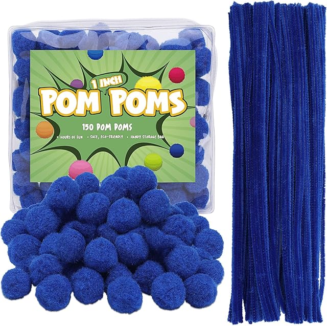 BUTUZE 100Pcs Pipe Cleaners, 150Pcs Pom Poms, 1 Inch Pom Poms, Puff Balls in Reusable Zipper Bag, Perfect for Puff Balls Kids' Art, Craft Projects, Creative Crafts Decoration - Blue