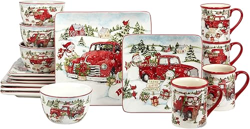 Certified International Juego de vajilla de 16 piezas con diseño de muñeco de nieve de camión rojo, servicio para 4