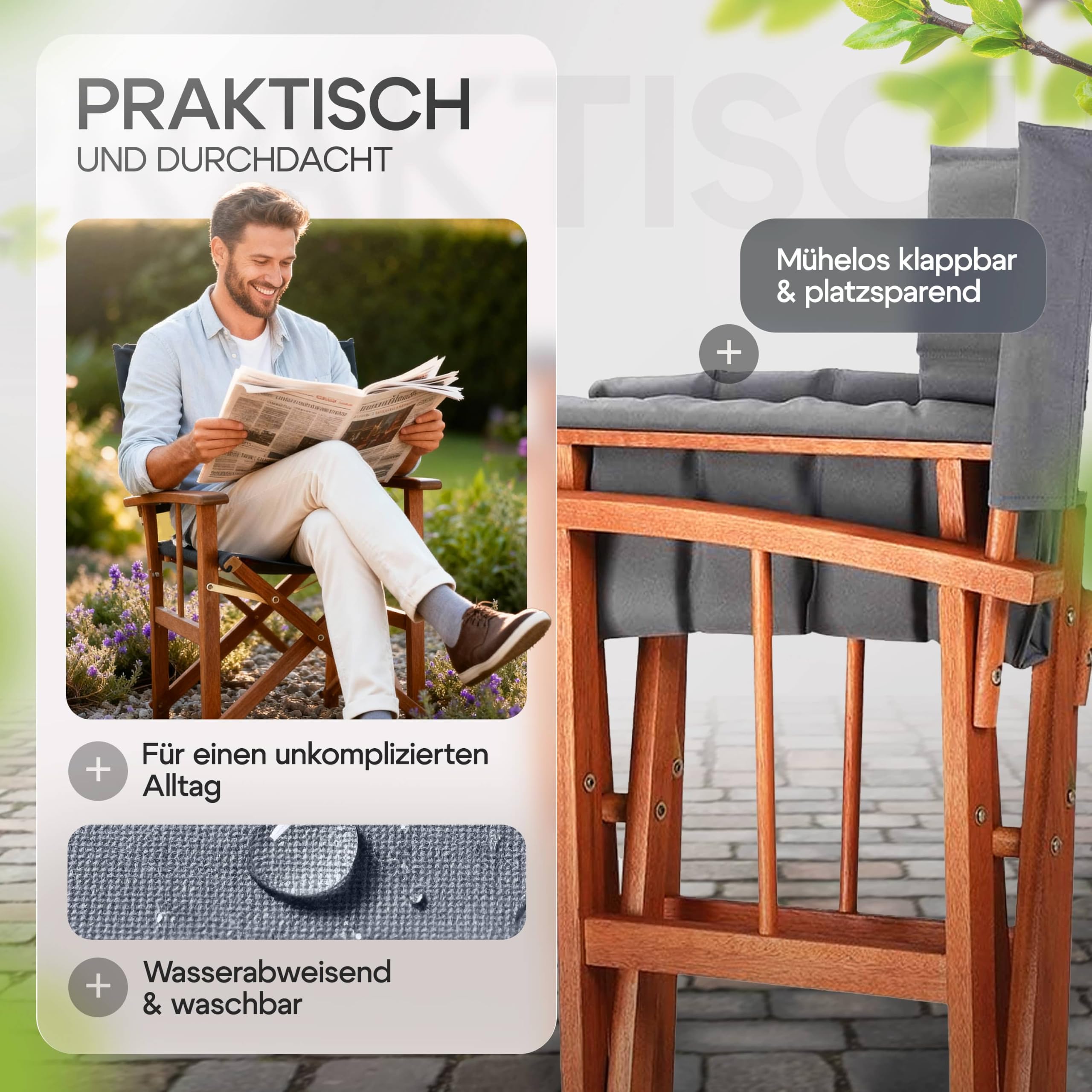 Casaria® Sedia da Regista Premium Imbottita Legno di Eucalipto Certificato FSC® Pieghevole Braccioli Tessuto Lavabile Capacità di Carico fino a 160kg Giardino Esterno Antracite