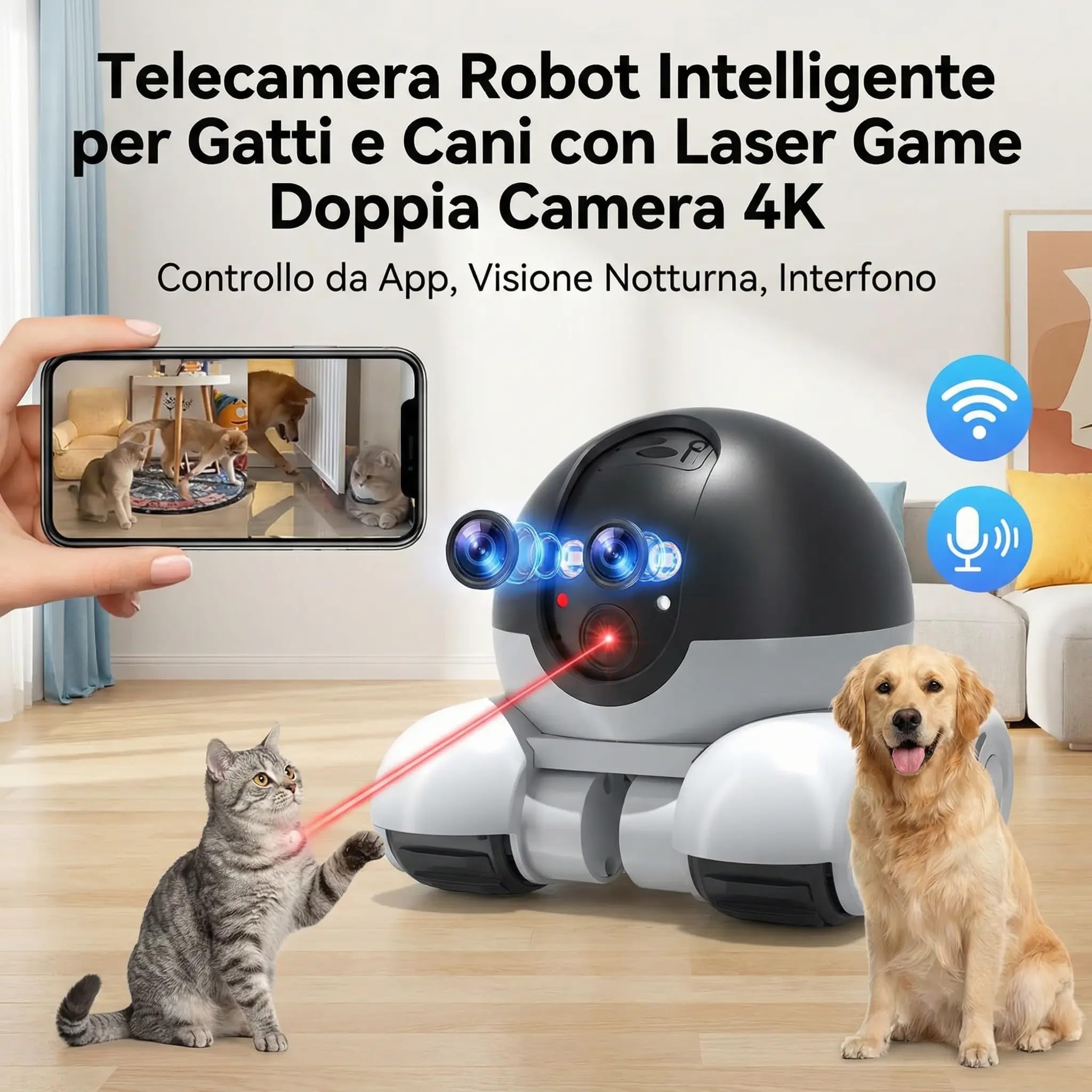 Telecamera Robot Intelligente per Gatti e Cani con Laser Game Doppia Camera 4K - Controllo da App, Visione Notturna, Interfono