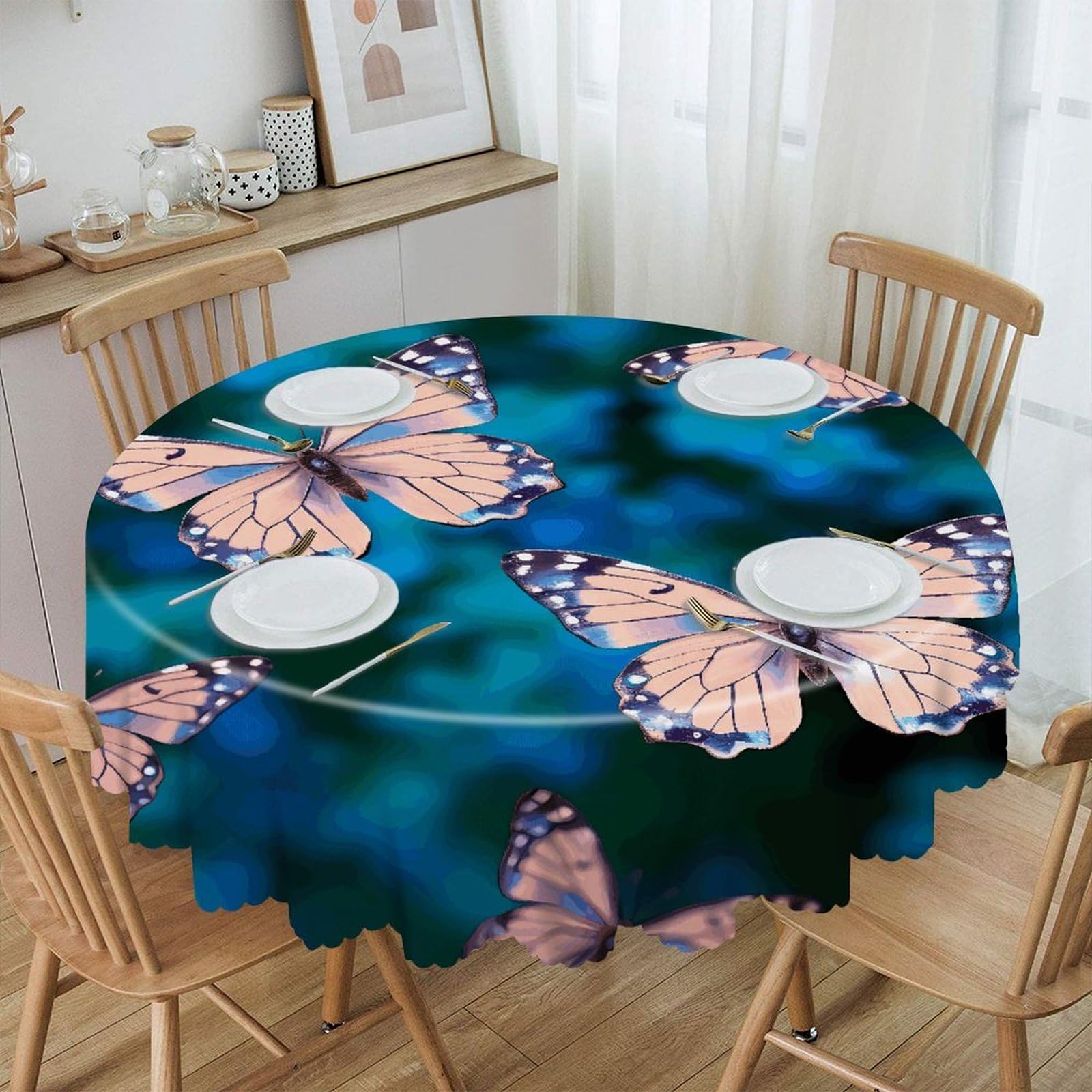FekiLoot Cute Butterflies Round Tablecloths 60 Inch Resistant Washable Polyester Table Cloth Style Decorative Circle Fabric Table Cover for Dining Kitchen Party Farmhouse Outdoor