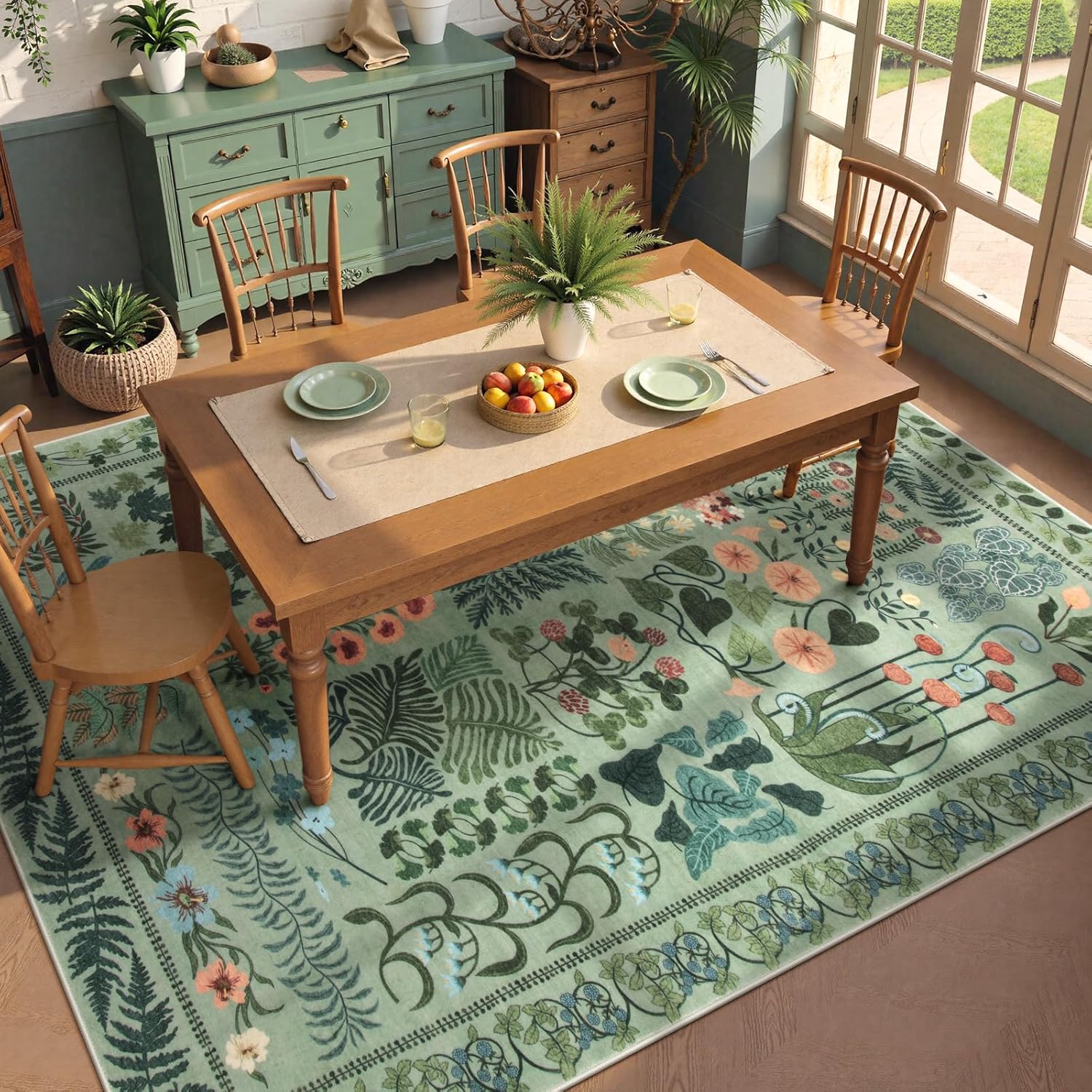Boho Green Washable 8x10 Area Rug for Living Room, Floral Large Rugs for Bedroom Aesthetic, Non Slip Botanical Soft Indoor Throw Carpet for Dining Room Home Office Playroom (Green,8 x 10)
