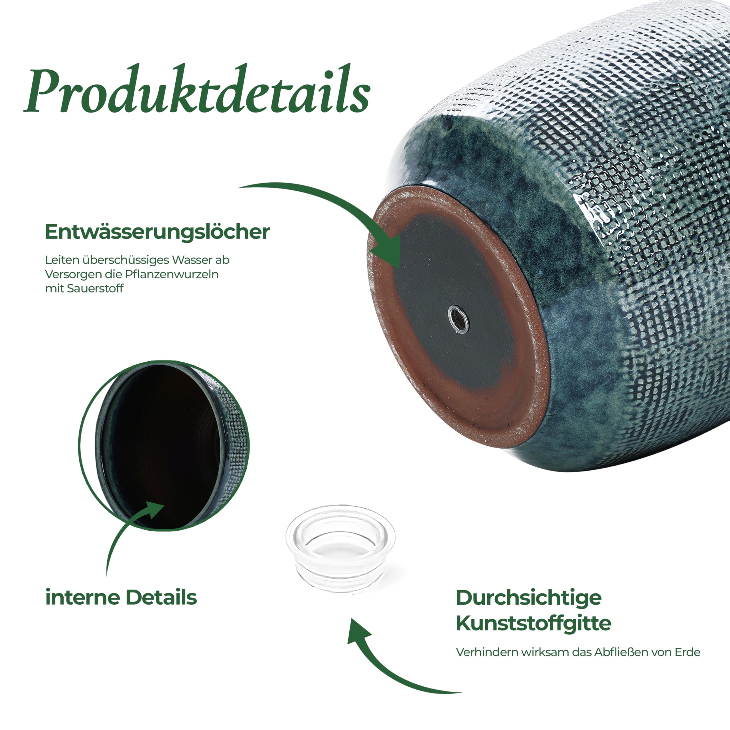 Hometopia Keramik Blumentopf Groß, Round Übertöpfe Außen & Innen, Massiver Pflanzkübel mit Drainage-Loch ideal für Wohnzimmer, Küche und Balkon (Dunkelgrün, Ø30xH28 cm)