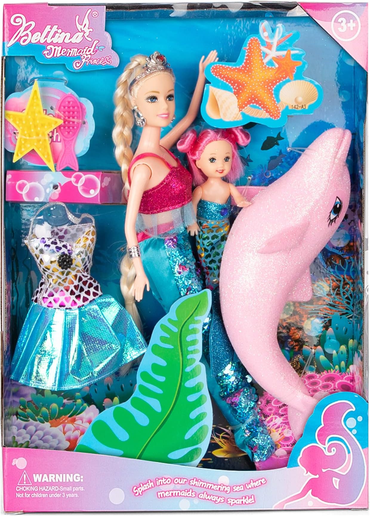 Yellow River2023 Mermaid Princess Doll Playset, Color Changing Mermaid Tail by Reversing Squins, 12" Fashion Dress Doll with 3" Little Mermaid Dolphin and Accessories, Mermaid Gift for Girls