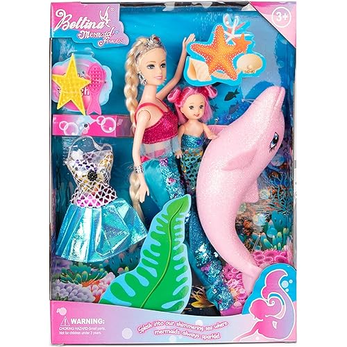 Princess Doll with Little Mermaid & Pink Dolphin Playset, Blonde Hair Dolls Toys with Accessories, Gift for 3 to 7 Year Old Girls