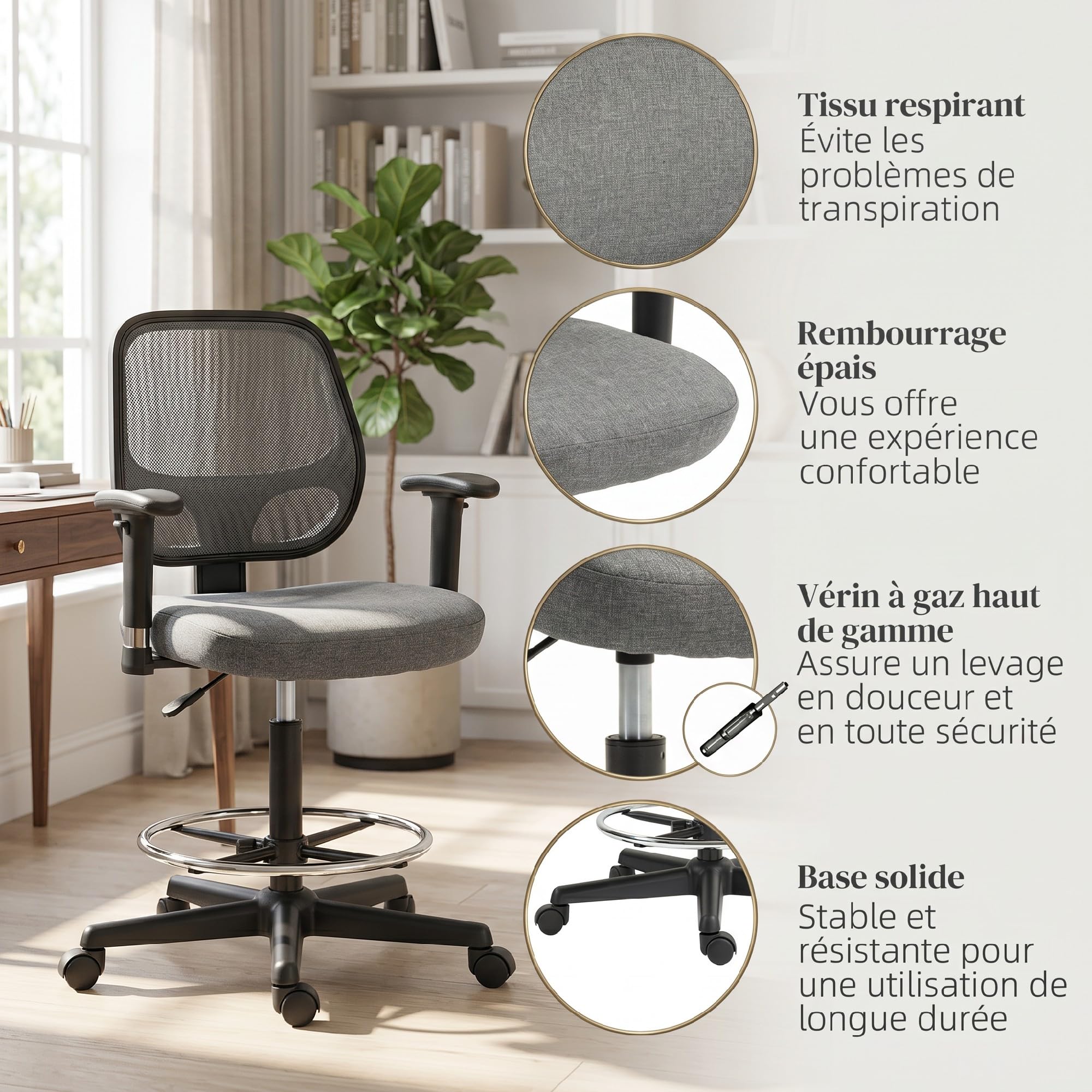 Vinsetto Fauteuil de Bureau Assise Réglable 60L x 57P x 97-119H cm Gris