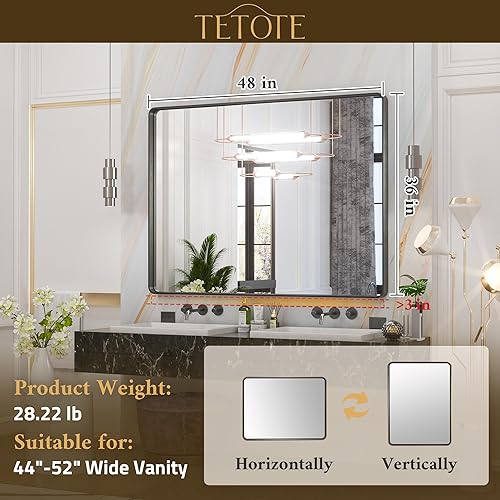 Miniatura 6 de TETOTE Espejo de baño dorado de 48 x 36 pulgadas, espejo de tocador moderno con marco de metal cepillado dorado champán, espejos de pared