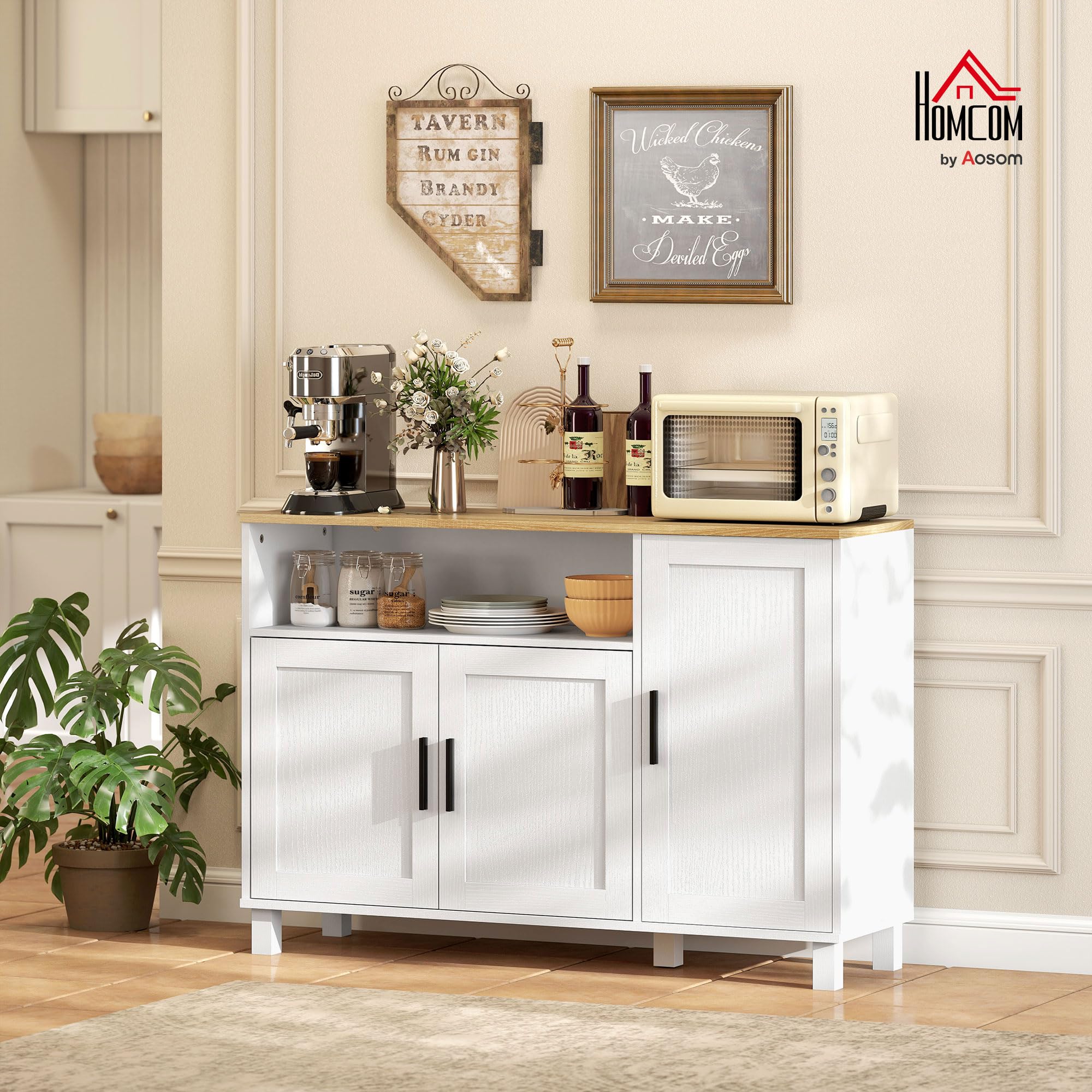 HOMCOM Aparador de 3 Puertas de Cierre Suave, Aparador de Salón con Estantes Ajustables, Compartimento Abierto, Patas de Madera, para Cocina, Entrada, Dormitorio, Blanco, 110x33x75 cm