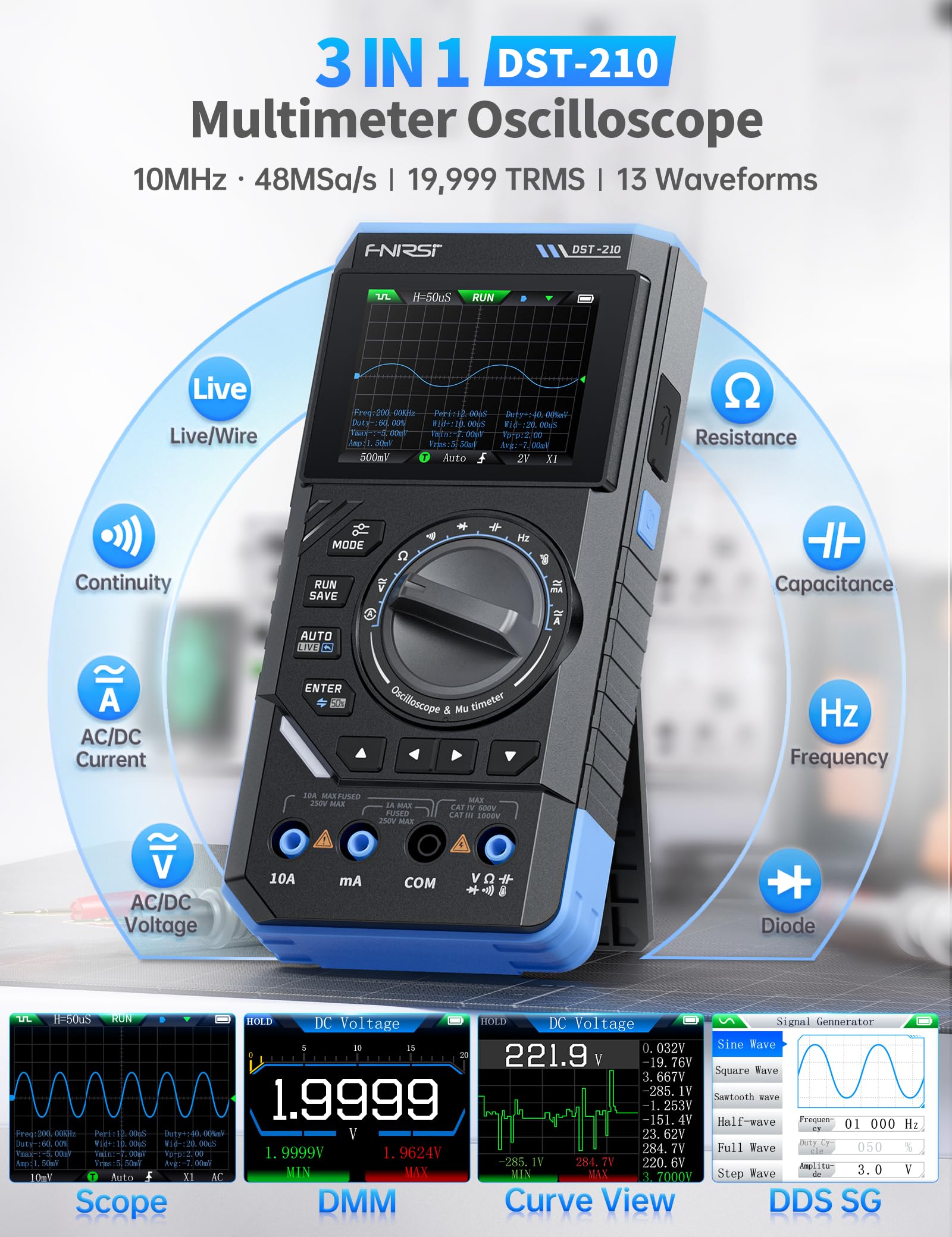 FNIRSI DST-210 Oscilloscope Portable, Bande Passante 10MHz, 19999 Points, Oscilloscope Numérique, Multimètre, Générateur DDS 3 en 1, Fréquence D'échantillonnage 48Méch./s, Test de Tension CA/CC