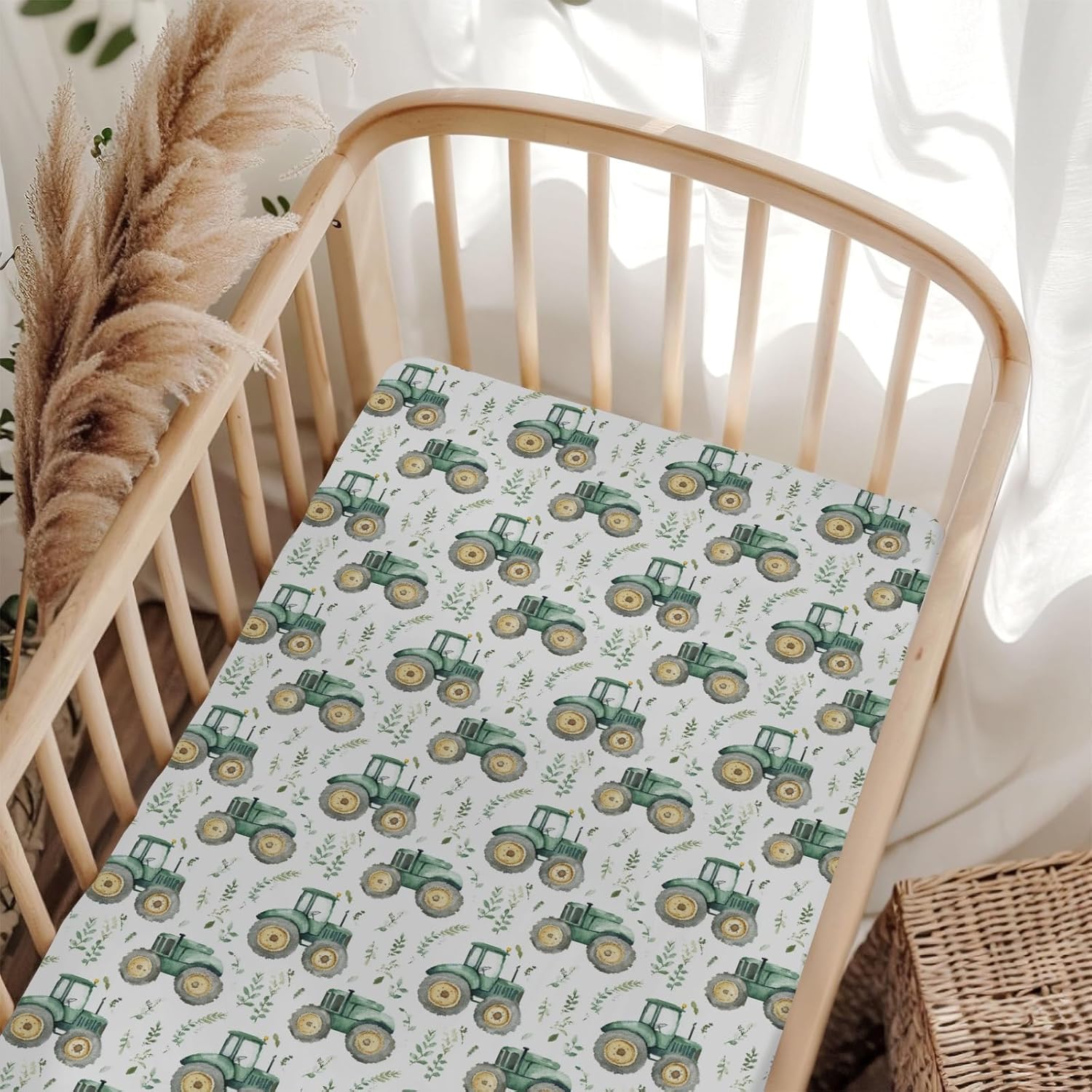 Watercolor Green Tractors Baby Crib Sheets for Boy Girl 52x28Inch Farm Tractors Boho Leaves Soft Stretchy Fitted Crib Mattress Cover Farm Life Baby Sheet for Standard Crib & Toddler Mattress Pad