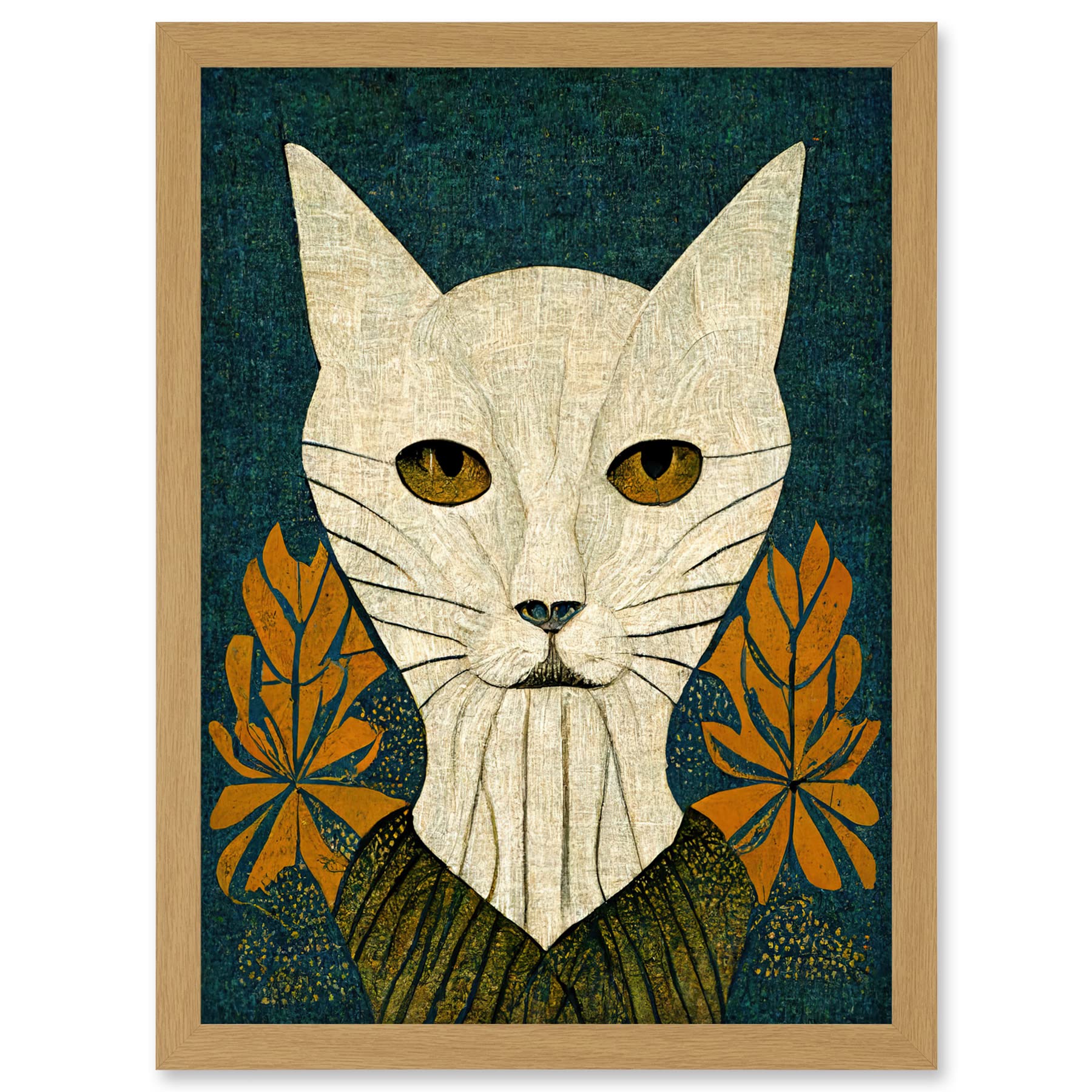 Doppelganger33 LTD Elegant Cat Illustration William Morris Style Teal Mustard Artwork Framed A3 Wall Art Print
