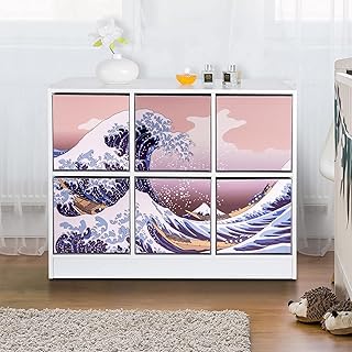 Collapsible Storage Cube Organizer Bins 11 Inch, 6 Pack The Great Wave Off Kanagawa Storage Cubes with Handles for Shelves, Foldable Cube Storage Bins, Storage Baskets (Ukiyo-e)