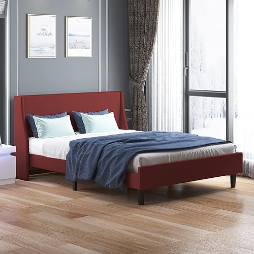 Miniatura 8 de BALUS Marco de cama tamaño King, marco de cama moderno con cabecera tapizada y soporte de listones de madera con respaldo ancho de ala, no necesita