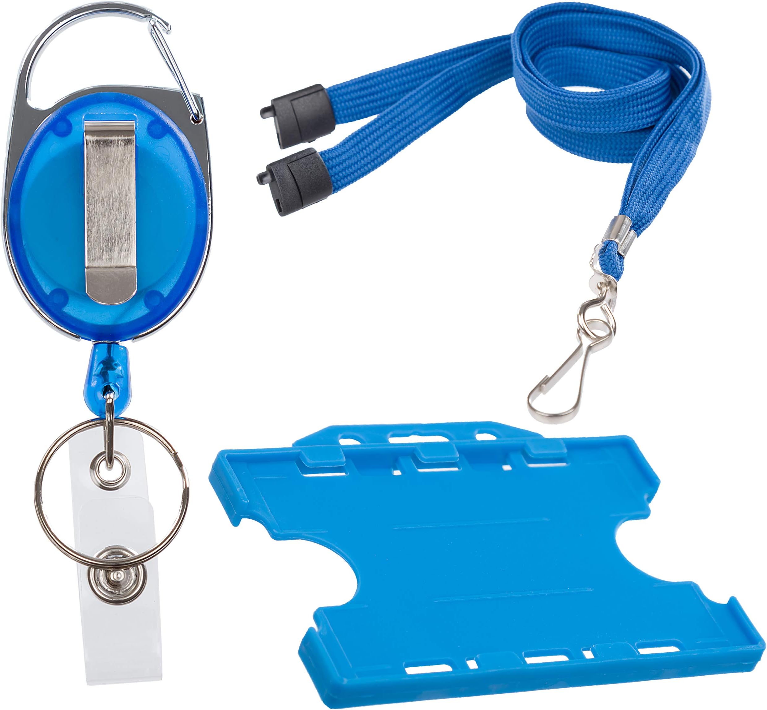 3 Piece Set ID Card Badge Holder, Breakaway Safety Lanyard and Retractable Reel with Metal Belt Clip (Blue)