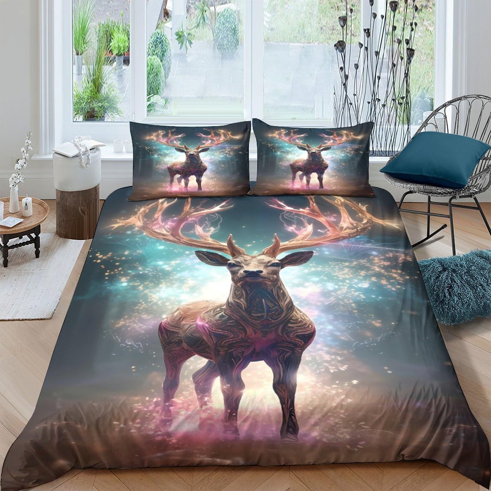 Ctjqhvkz Style-2 3D Printed Fantasy Deer Fitted Sheet Microfiber Soft Woodland Antlers Bed Sheet For Bedroom Dorm Mattress Protection Decor Single（135X200cm）