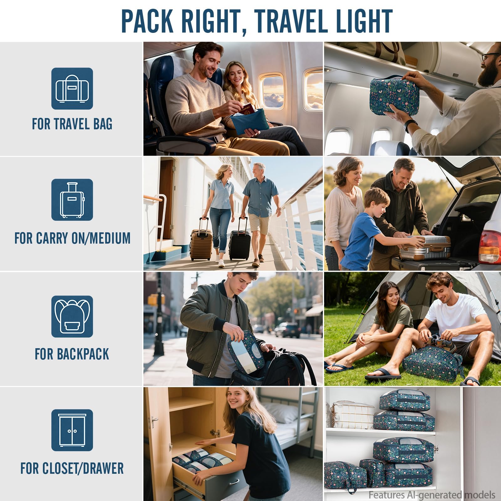 Veken 8 Set Packing Cubes for Travel Essentials,Anti-Wrinkle Buckled Suitcase Organizer for Shoe & Toiletry Bag,Carry On Luggage Bag with 99+ Count Mesh Holes for Airplane & College Dorm Accessories view 8