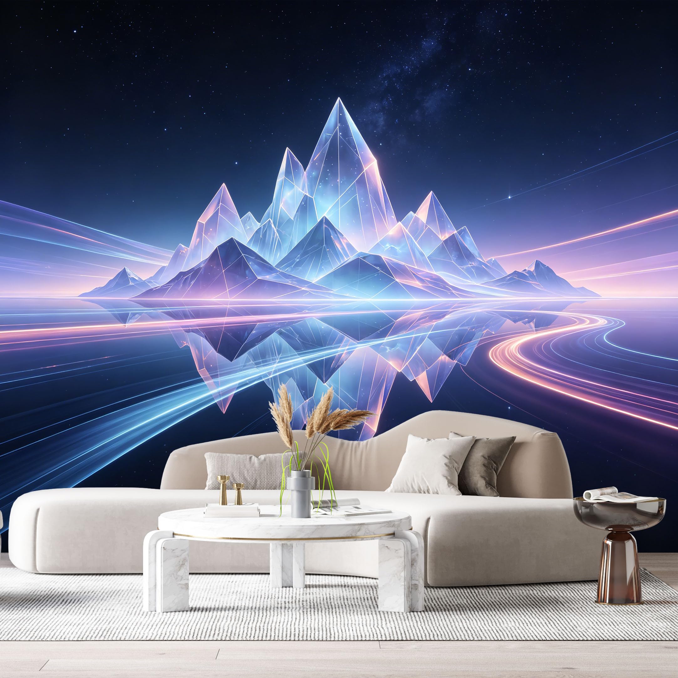 Custom Size Wall Murals Futuristic Crystal Mountains Landscape 3D Abstract Neon Lights SelfAdhesive Wall Fabric Removable Large Wallpaper for Photo Living Room