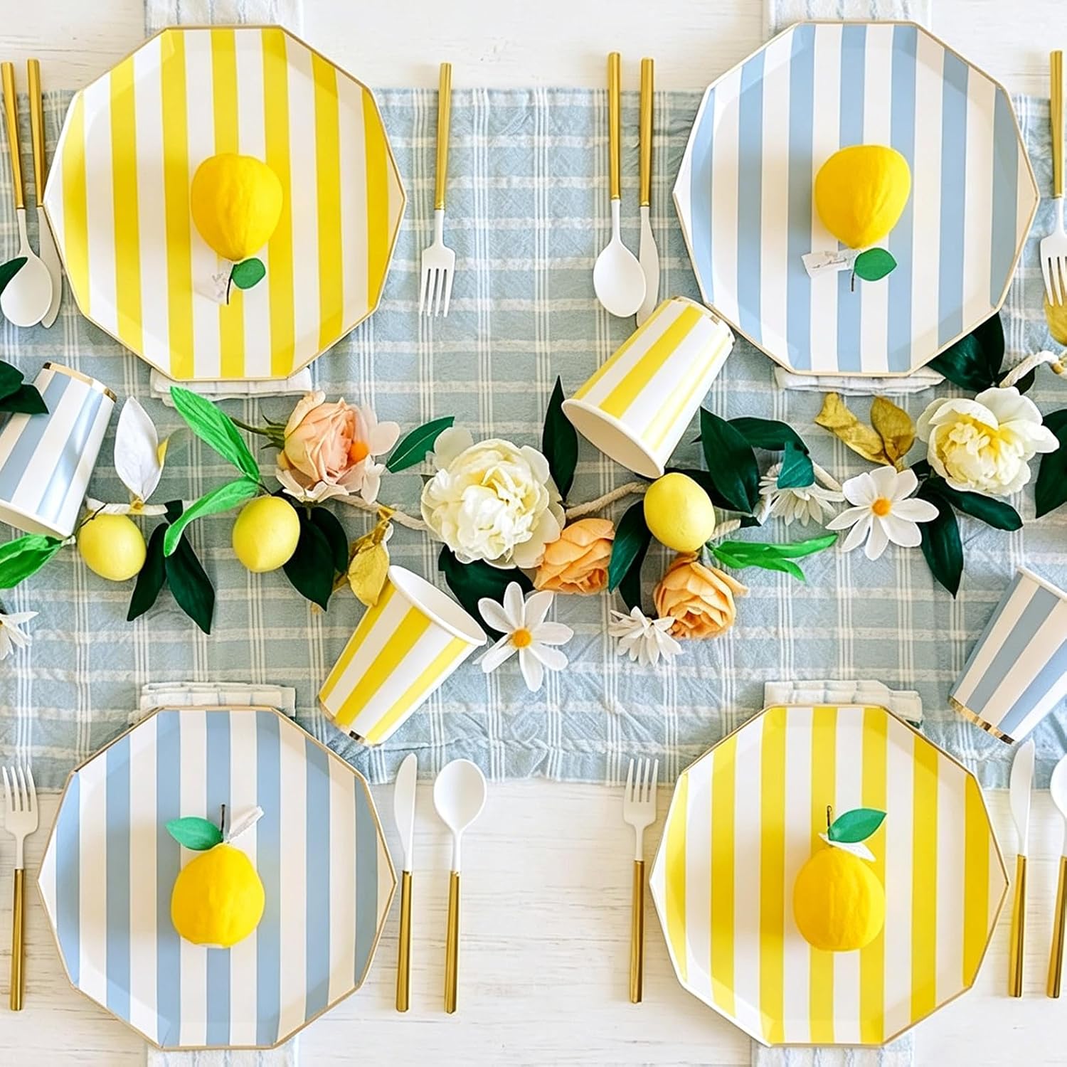 Maxdot 60 Pcs Yellow and Blue Cabana Stripe Plates Lemon Yellow Blue Striped Paper Plate Disposable Party Plate with Gold Rim Wavy Edge for Bachlorette Summer Hawaiian Bridal Shower Party Supplies