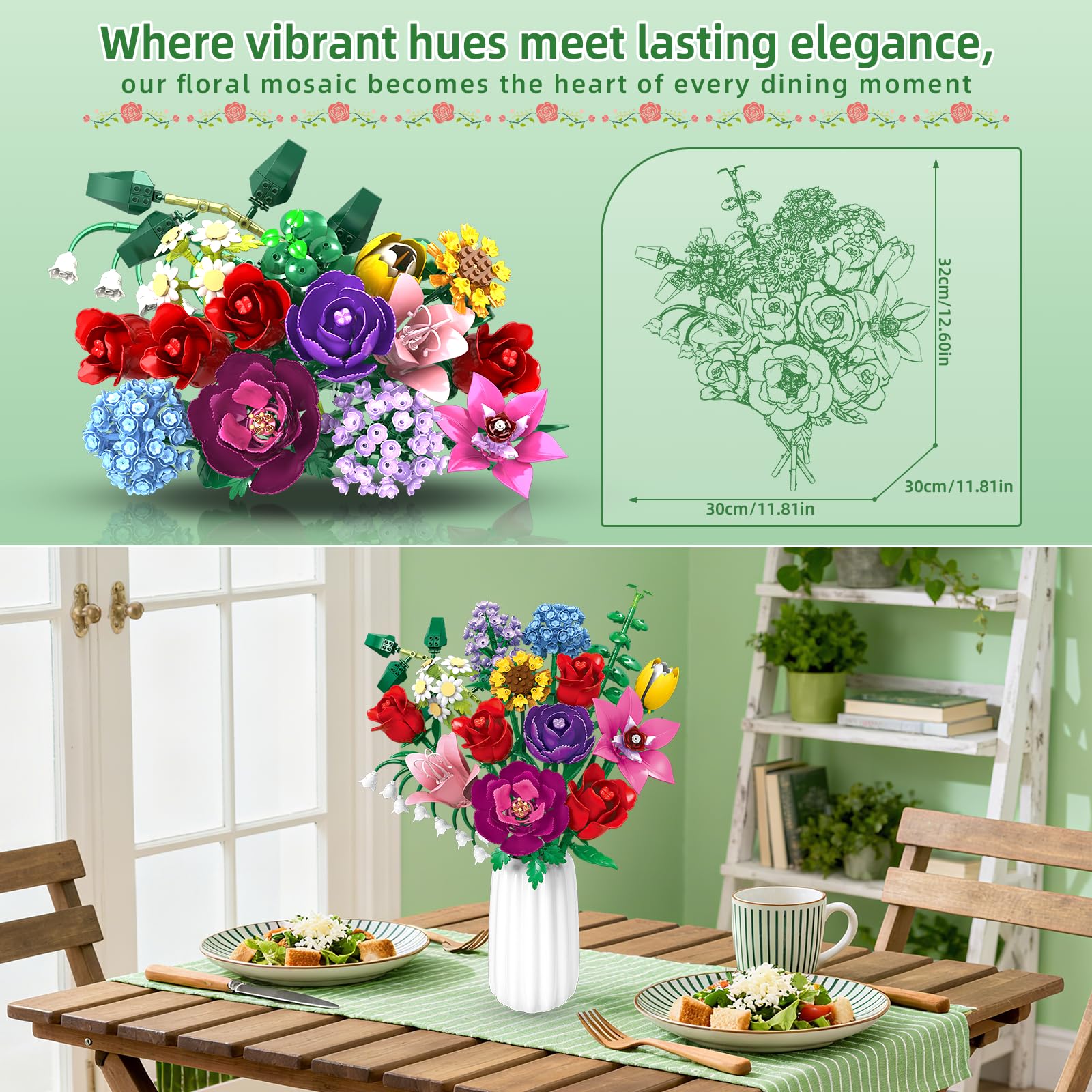 kiothdre Kit Construction Bouquet de Fleur pour Adulte Femme, Kit Blocs Botanique Botanical Fleurs pour Décoration Maison, Cadeau Noël, Anniversaire, Saint Valentin
