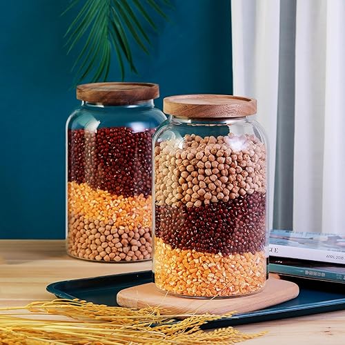 Miniatura 5 de Tarro de vidrio grande con tapa hermética de 94 onzas líquidas, juego de recipientes de vidrio con tapas de madera, recipientes de almacenamiento de