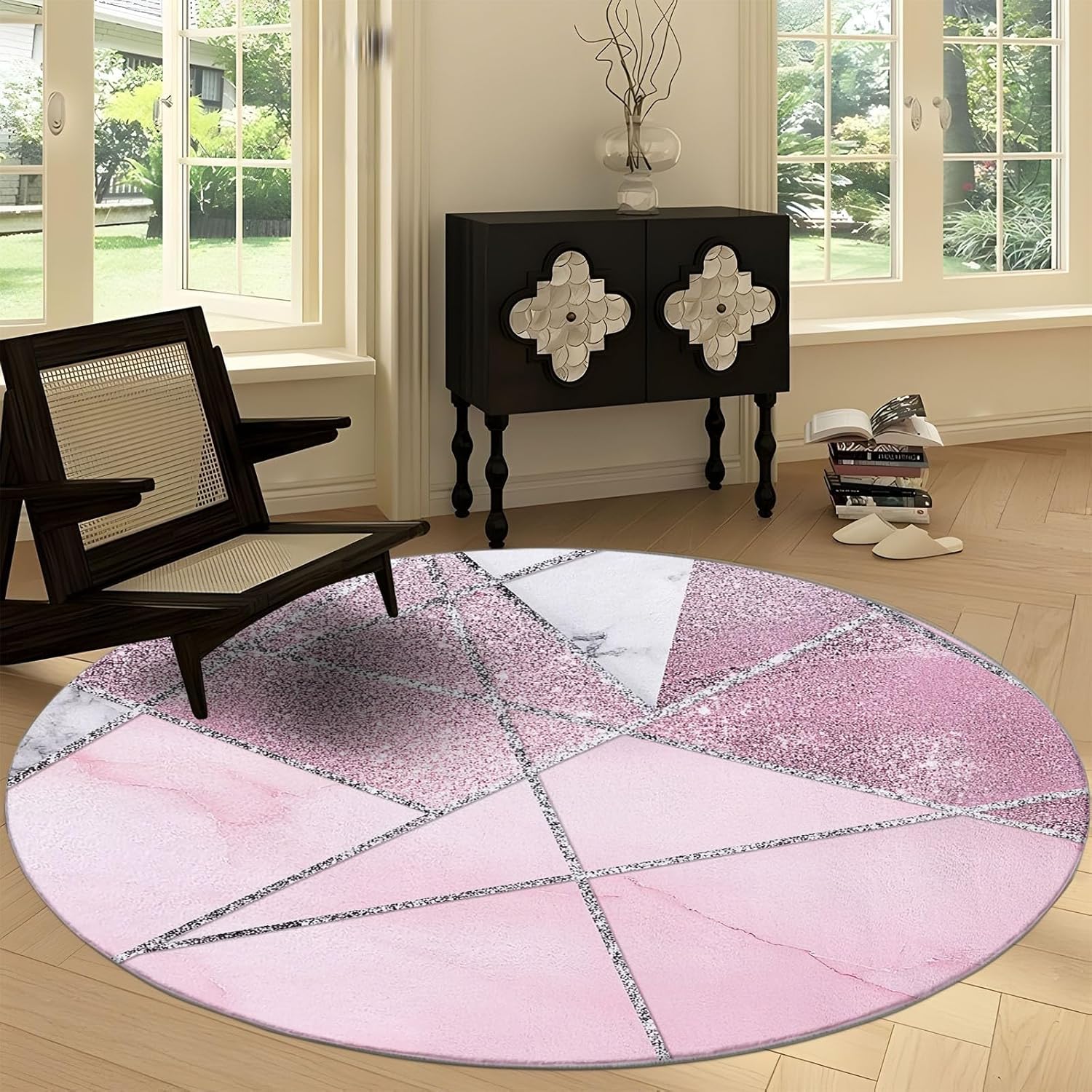 Round Rug 2 ft Washable Circle Rugs, Geometric Marble Stripe Texture Non Slip Low Pile Marble Stripes Circular Carpet for Bedroom Entrance Office Decor - Non Shedding Indoor Coffee Table Mat