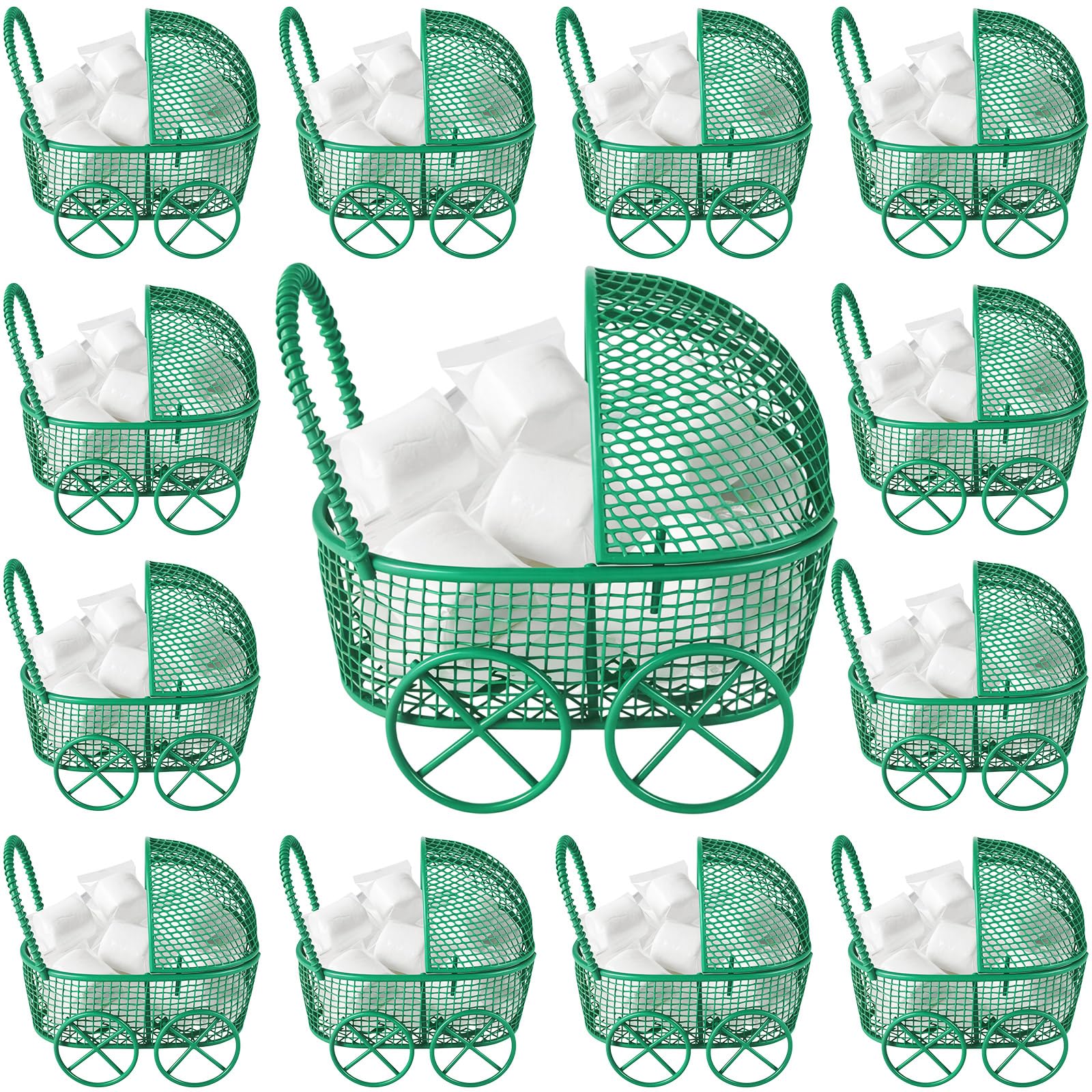 Threehoney 12 Pcs Baby Shower Mini Carriage Decoration Safari Green Metal Wired Fillable Candy Stroller Baby Shower Table Centerpiece for Guest Gender Reveal Wedding Party Favor Gift