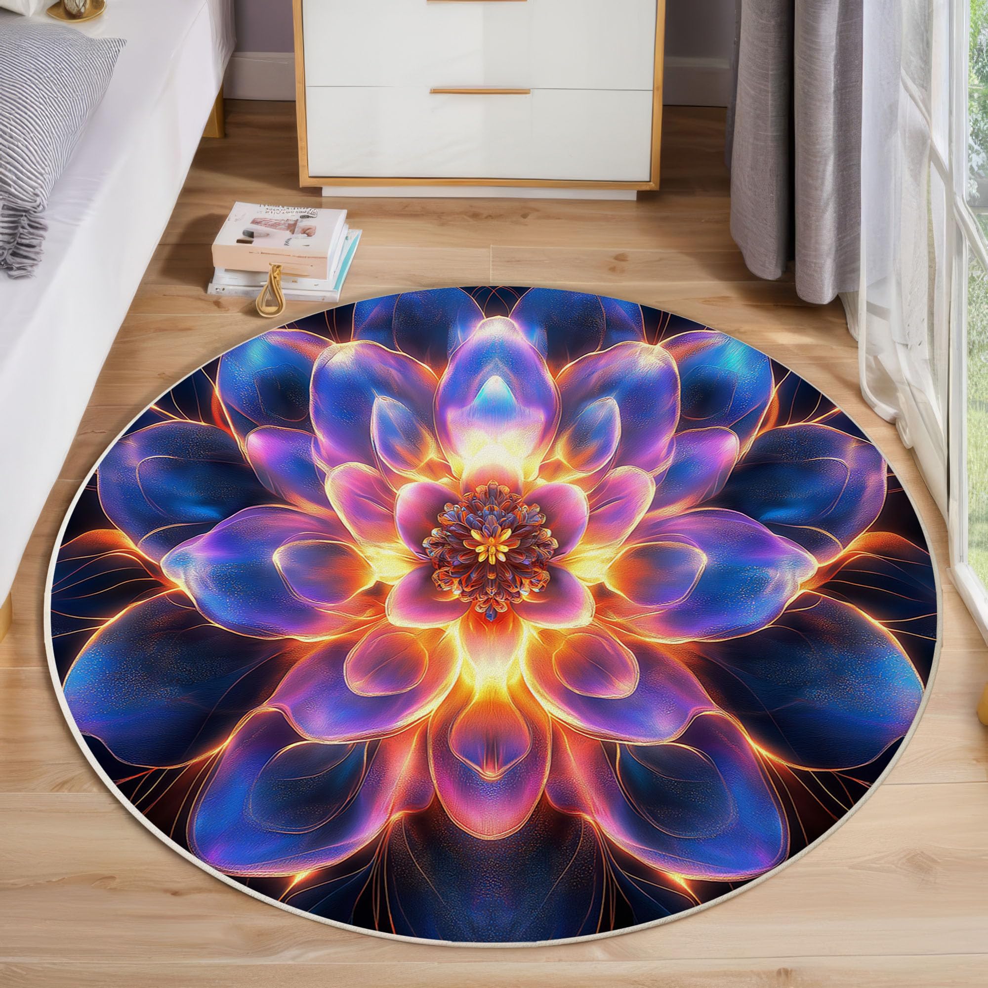 Tapis Rond 100cm, Microfibre Douce Tapis Circulaire Fantastique Art, Moquette Salon Chambre, Imprimés Brillant Mandala Antidérapant Lavable Moquette de Décoration, Bleu Violet