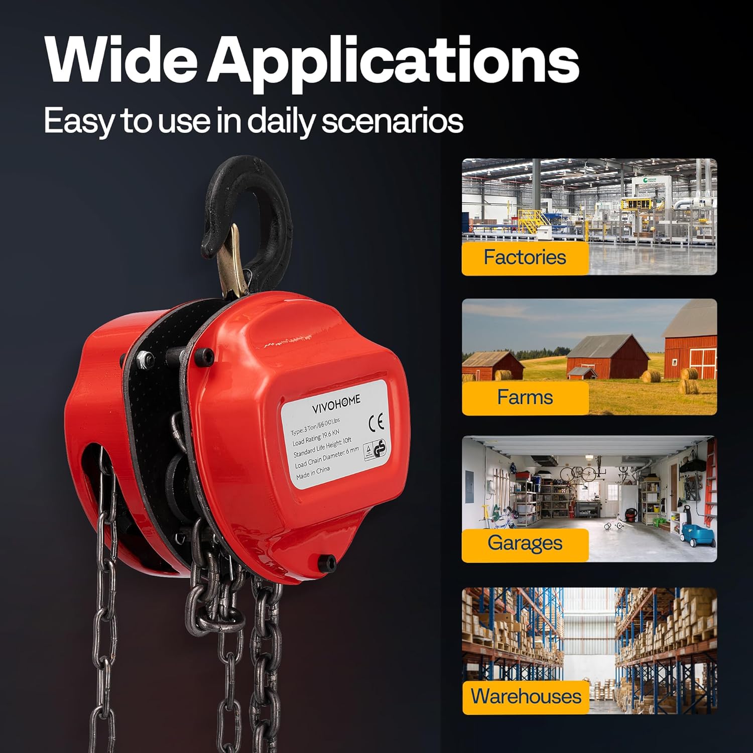 VIVOHOME Chain Hoist 3 Ton 10ft Red, Mini Chain Hoist 6600Lbs, Heavy Duty Pulley Hoist with G80 Manganese Steel Chain, Manual Chain Fall for Garages, Warehouses, and Automotive Tasks