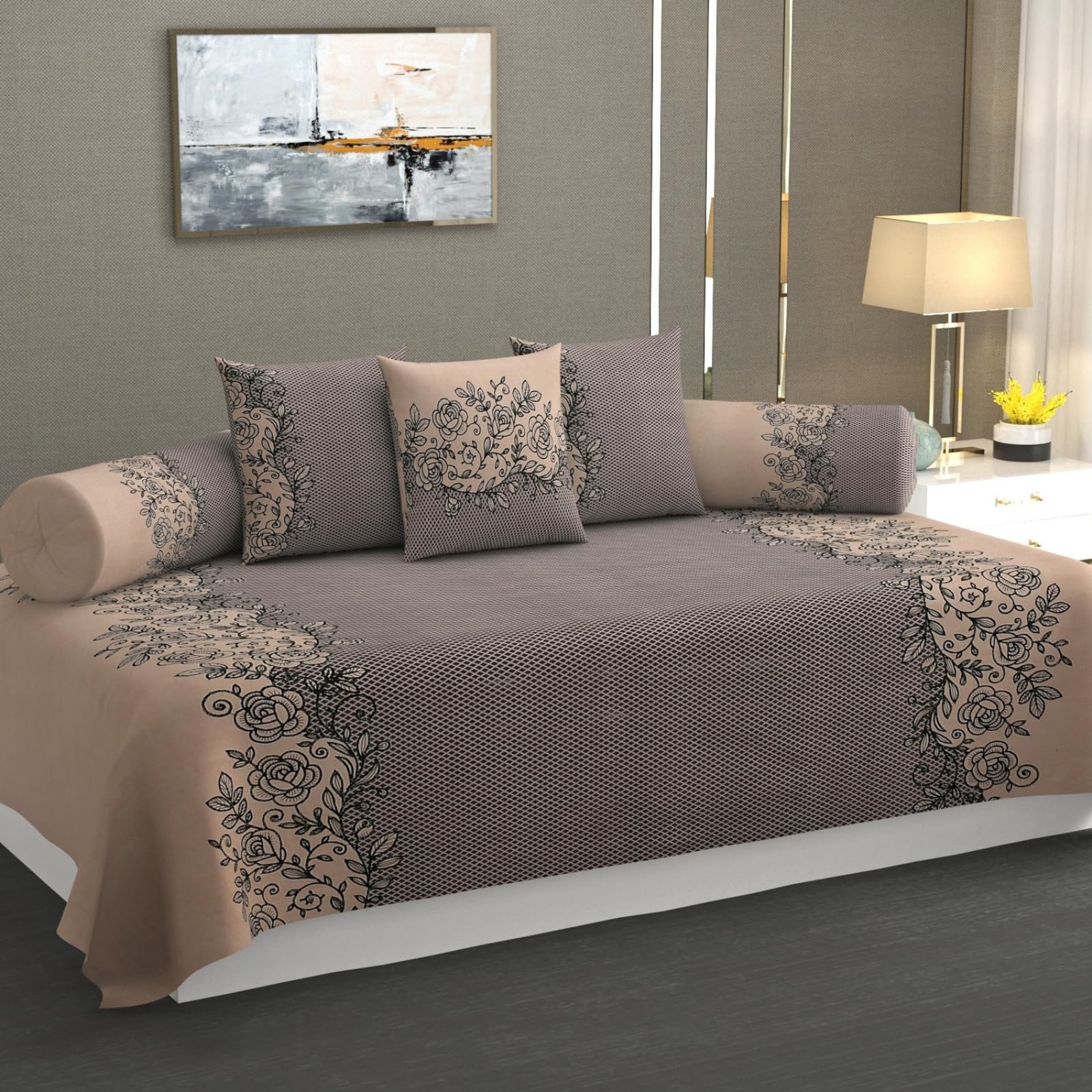 280 TC Cotton Blended Printed Diwan Cover Set with 2 Bolster Covers and 3 Cushion Covers (Pack of 6)| Glace Cotton Diwan Bedsheet Set Brown and Beige Color 9-image-22