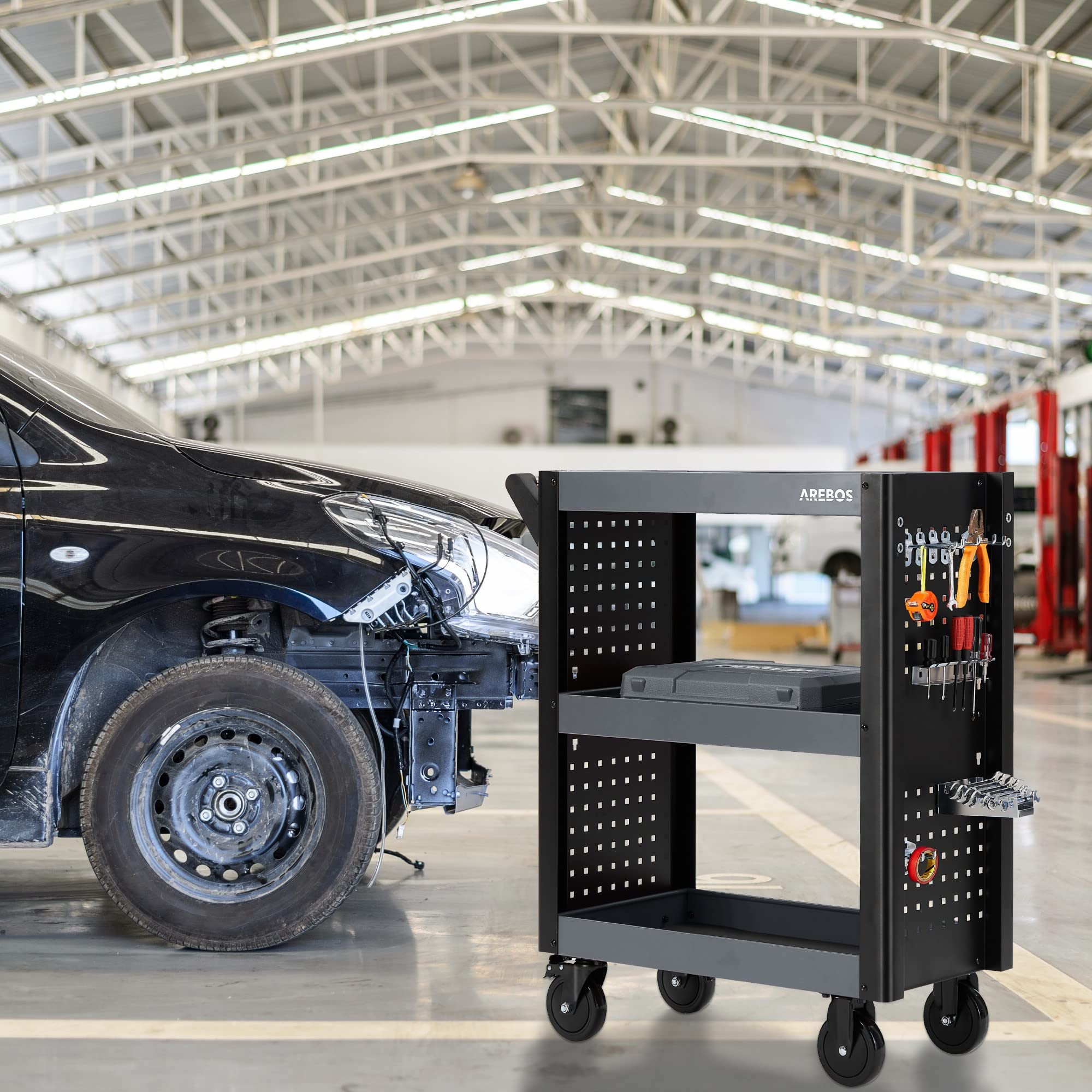 Arebos Servicewagen 3 Fächer | Werkstattwagen | Werkzeugwagen | Rollwagen für Transport und Lagerung | Multifunktionaler Etagenwagen | Allzweckwagen | 18-teiliges Hakenset | Anthrazit/Schwarz