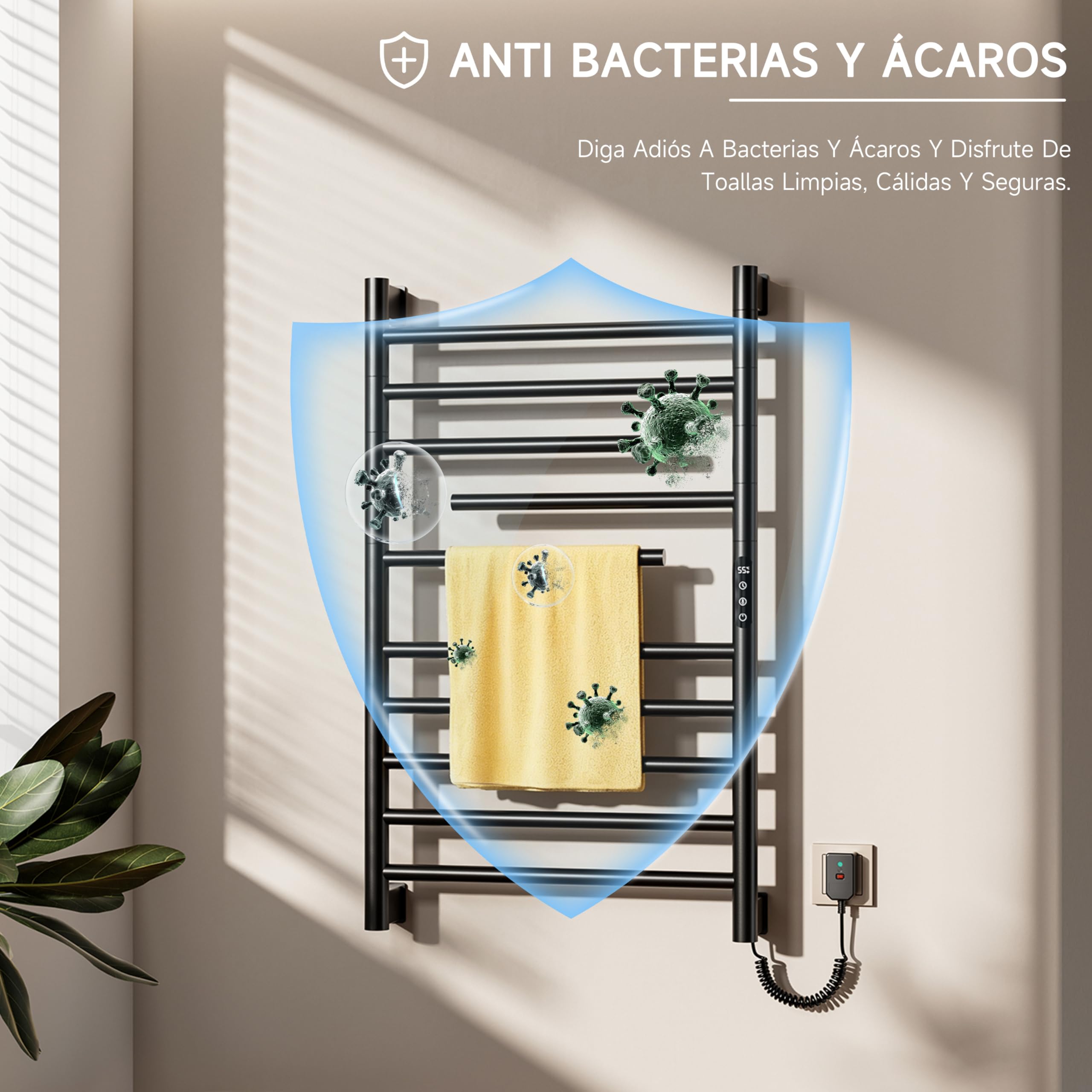 Toallero electrico baño 520×850 mm,Negro Radiador toallero,Toallero eléctrico de bajo Consumo,Algunos Elementos calefactores Pueden Girar 180°,Incluye Pantalla LED,Control táctil y Temporizador