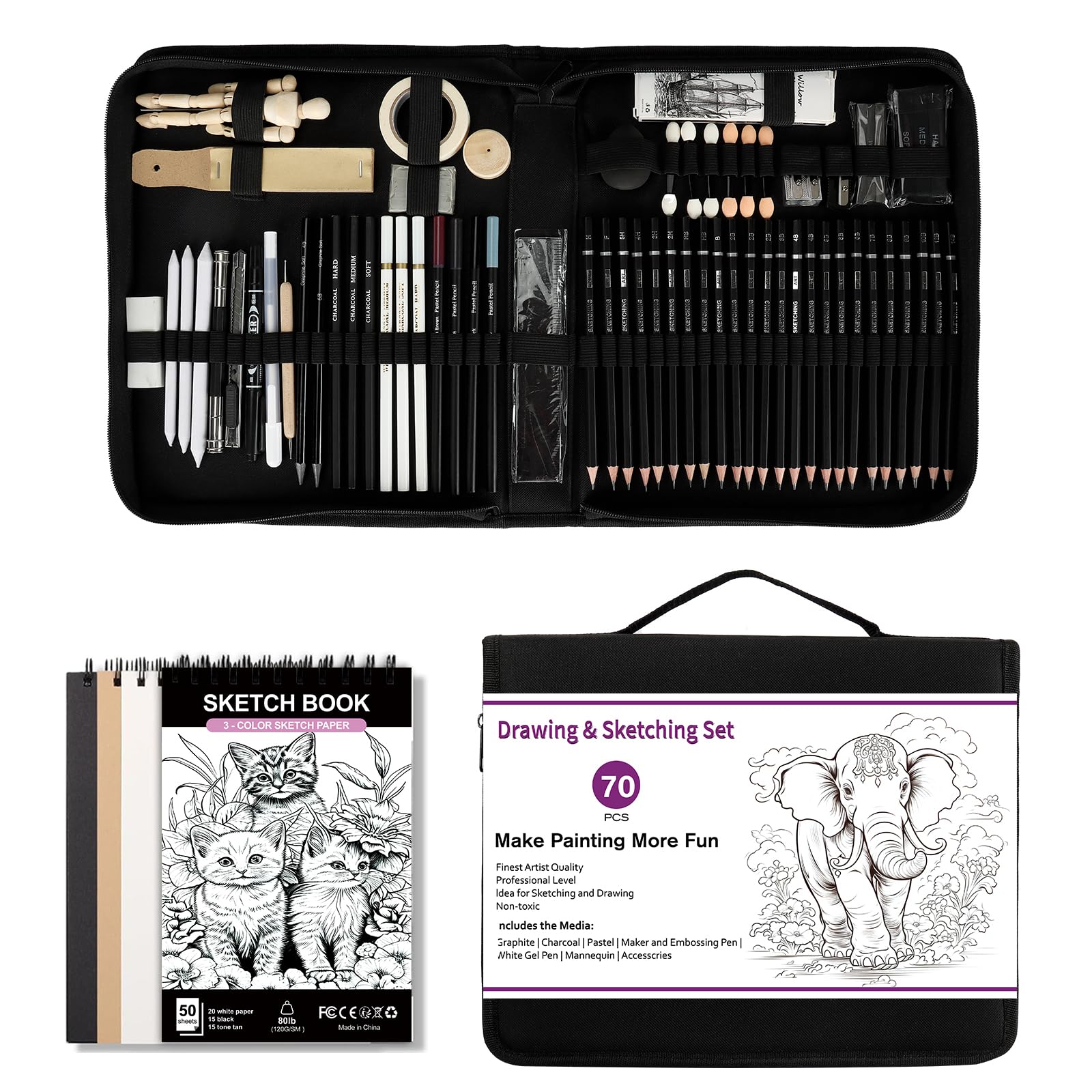 USHOP Set di Disegno e Schizzo da 70 Pezzi,Kit da disegno,Kit Matita Disegno,Forniture Artistiche Professionali,con album da disegno 3 colori,per Principianti Bambini,Artisti,Studenti
