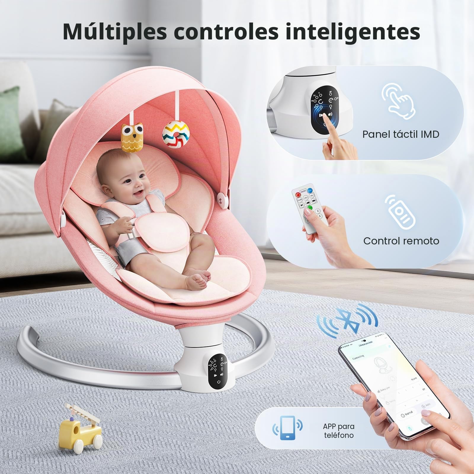 Columpio para bebés, balancín eléctrico con aplicación y mando a distancia, arnés de 5 puntos mejorado, 10 canciones Bluetooth y 5 velocidades, soporta 9 kg