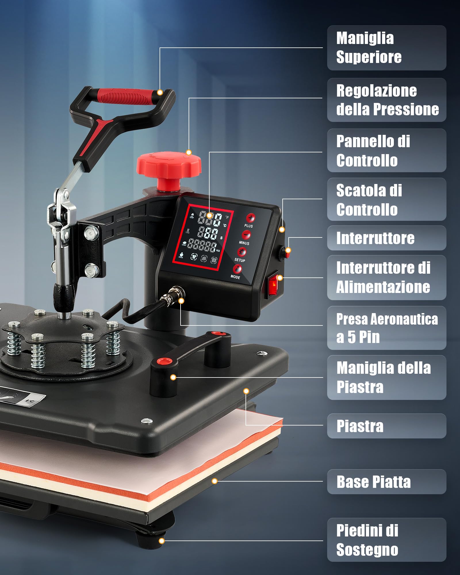 CREWORKS 5 IN1 Pressa a Caldo 30 X 38CM 1250W Pressa a Calore Macchina Sublimazione Digitale Rotazione a 360 Gradi Trasferimento Multifunzione con Termopressa per Magliette Cappellini T-Shirt Tazze