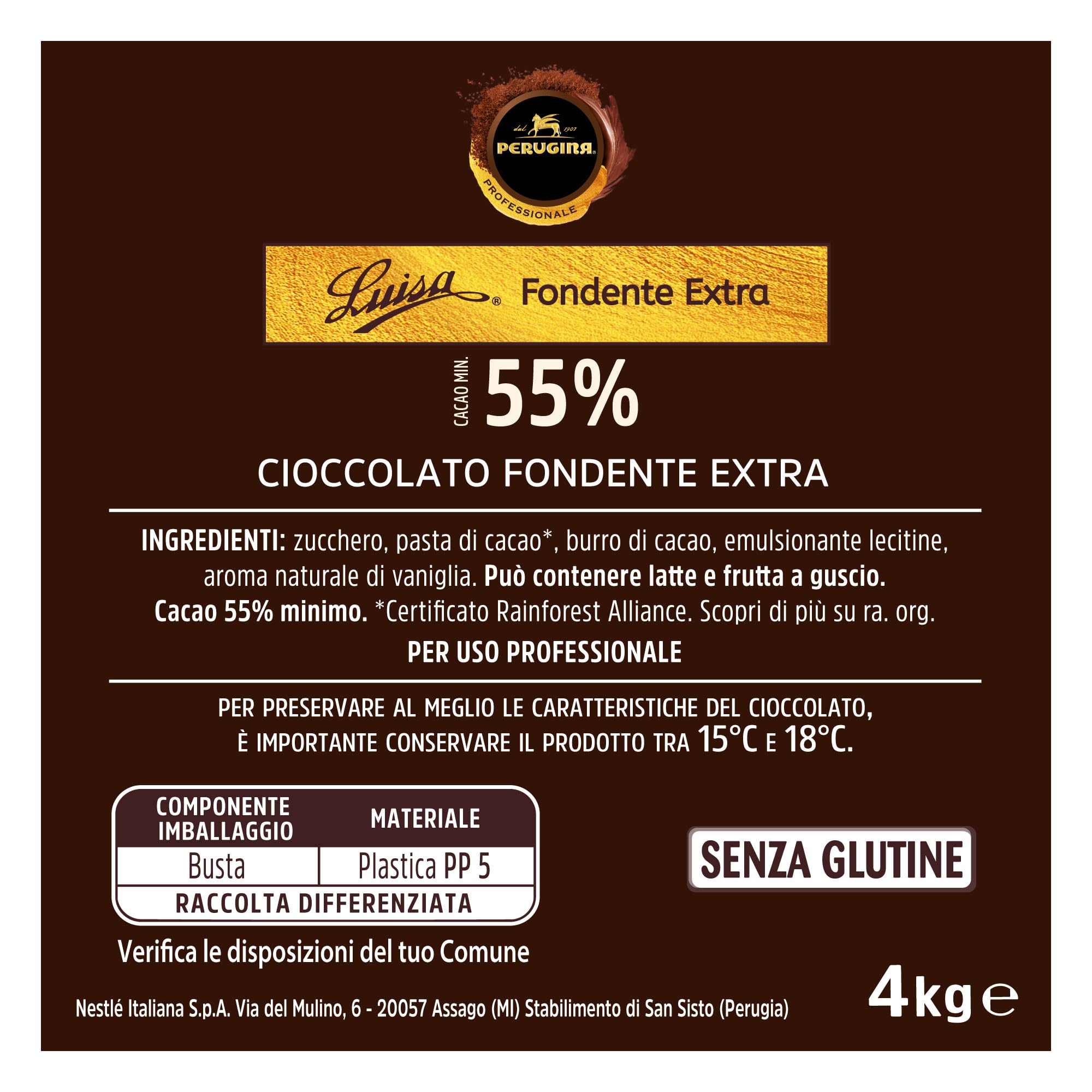 PERUGINA PROFESSIONALE Cubetti Fondente Extra Luisa 55% Sacco 4kg | Cubetti di cioccolato fondente 55% per lavorazioni professionali.