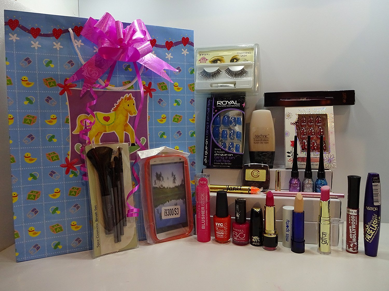 Clearance ~ 20pc Make Up Gift Bag - Gift Set Make Up Products Mix Brands + Nails + Eyelashes + Brush Set In Gift Bag, Ready To Gift + Free Mobile Phone Back Cover Included